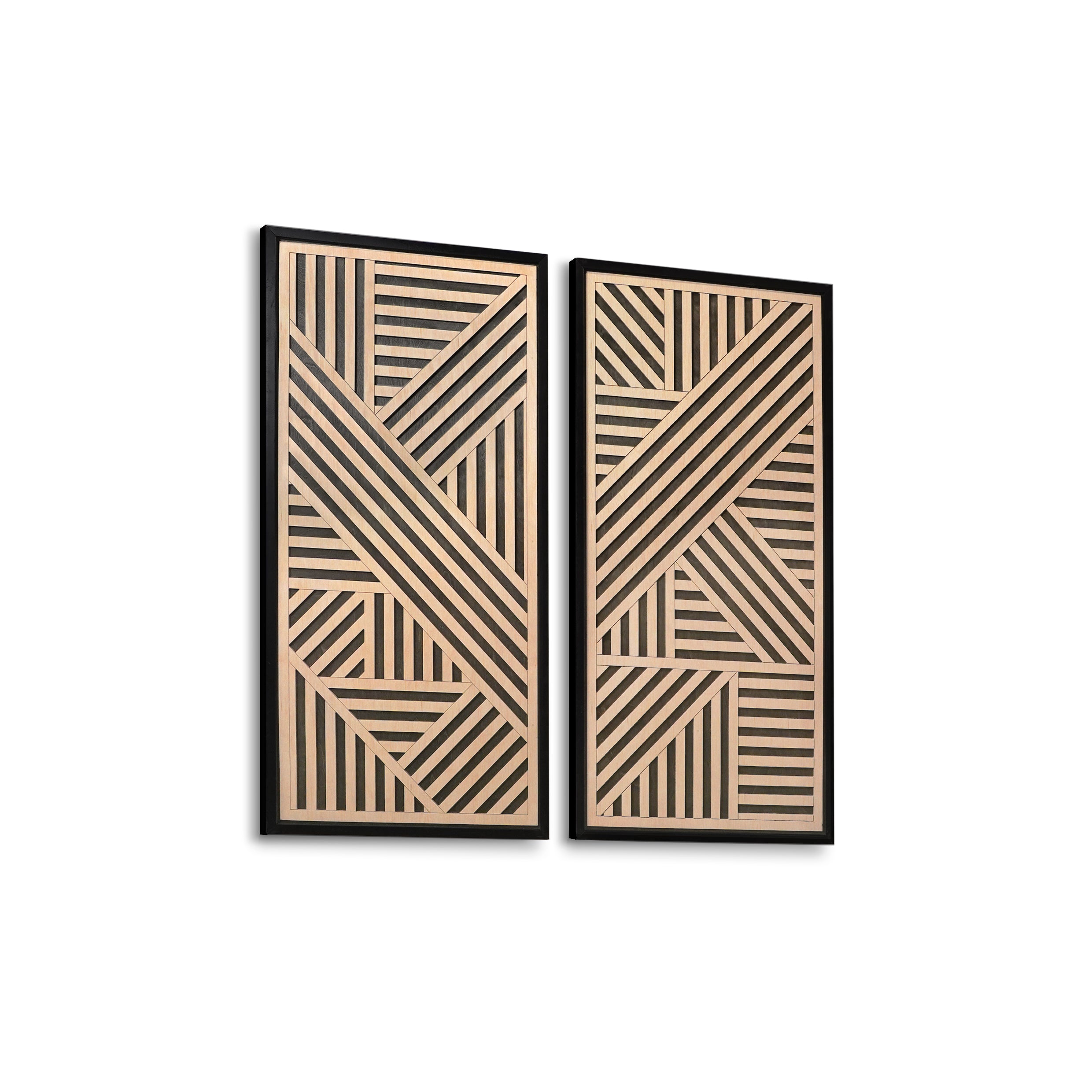 Abstract Layered Wood Wall Art Set of 2 – Black and Maple Framed Panels with Striking Angular Patterns for Modern & Rustic Interiors