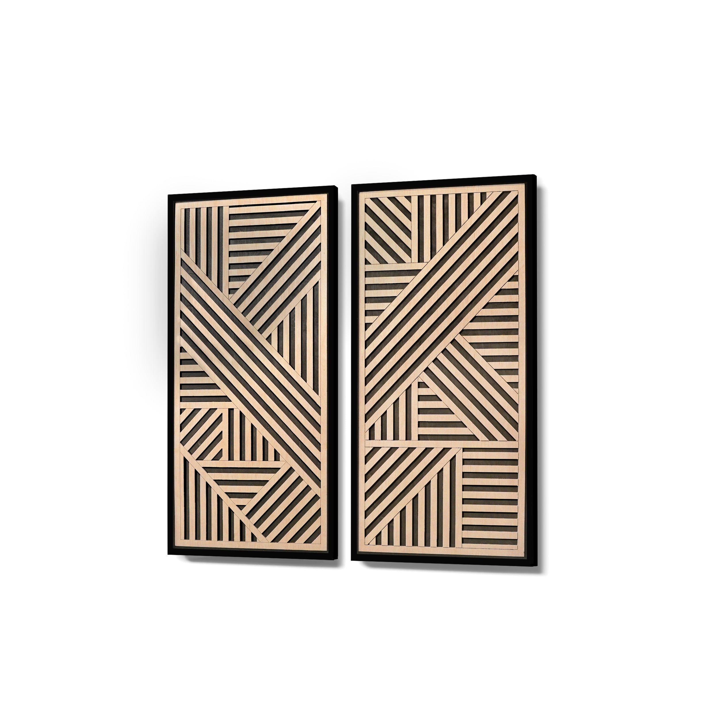 Abstract Layered Wood Wall Art Set of 2 – Black and Maple Framed Panels with Striking Angular Patterns for Modern & Rustic Interiors