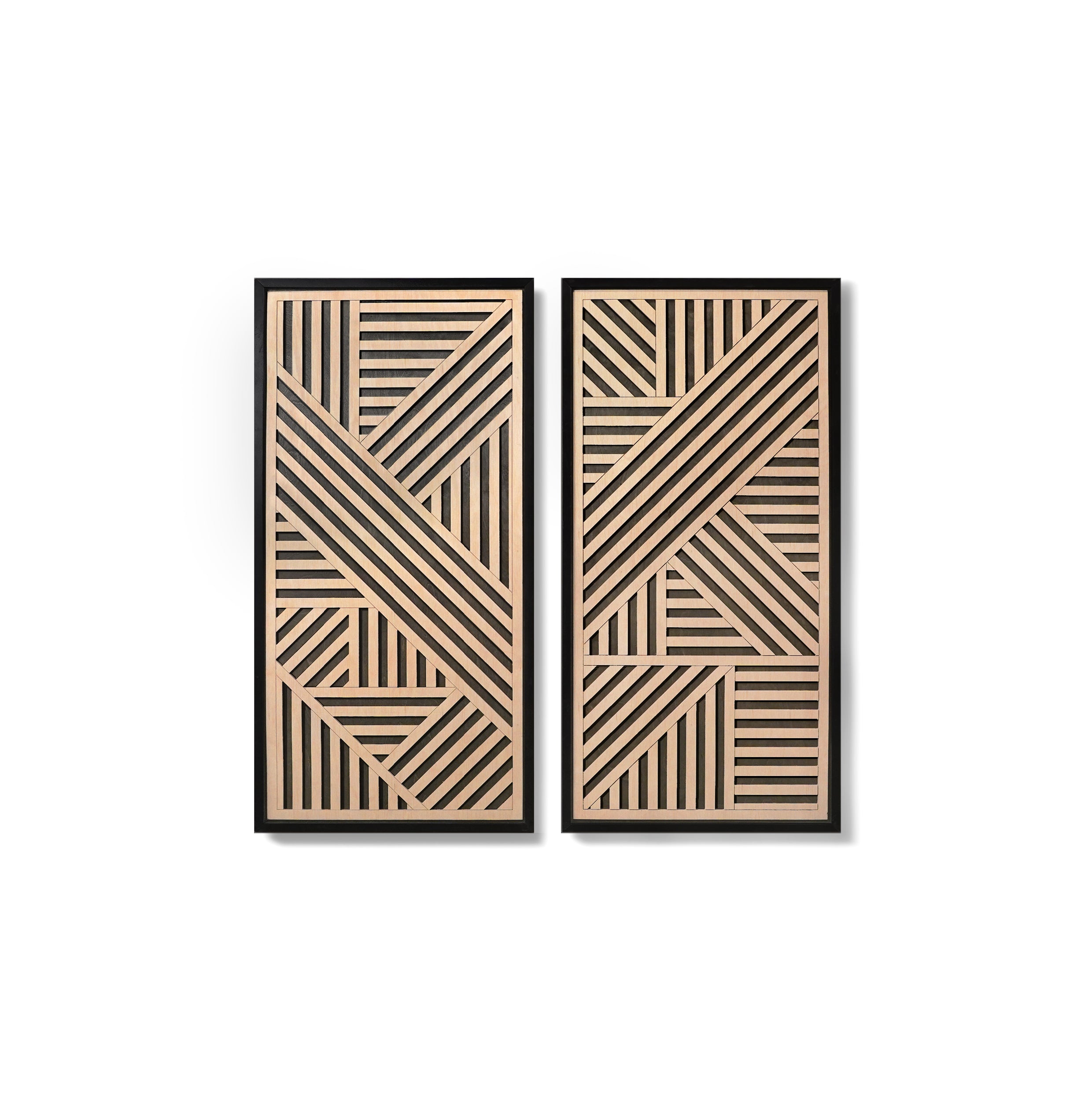 Abstract Layered Wood Wall Art Set of 2 – Black and Maple Framed Panels with Striking Angular Patterns for Modern & Rustic Interiors