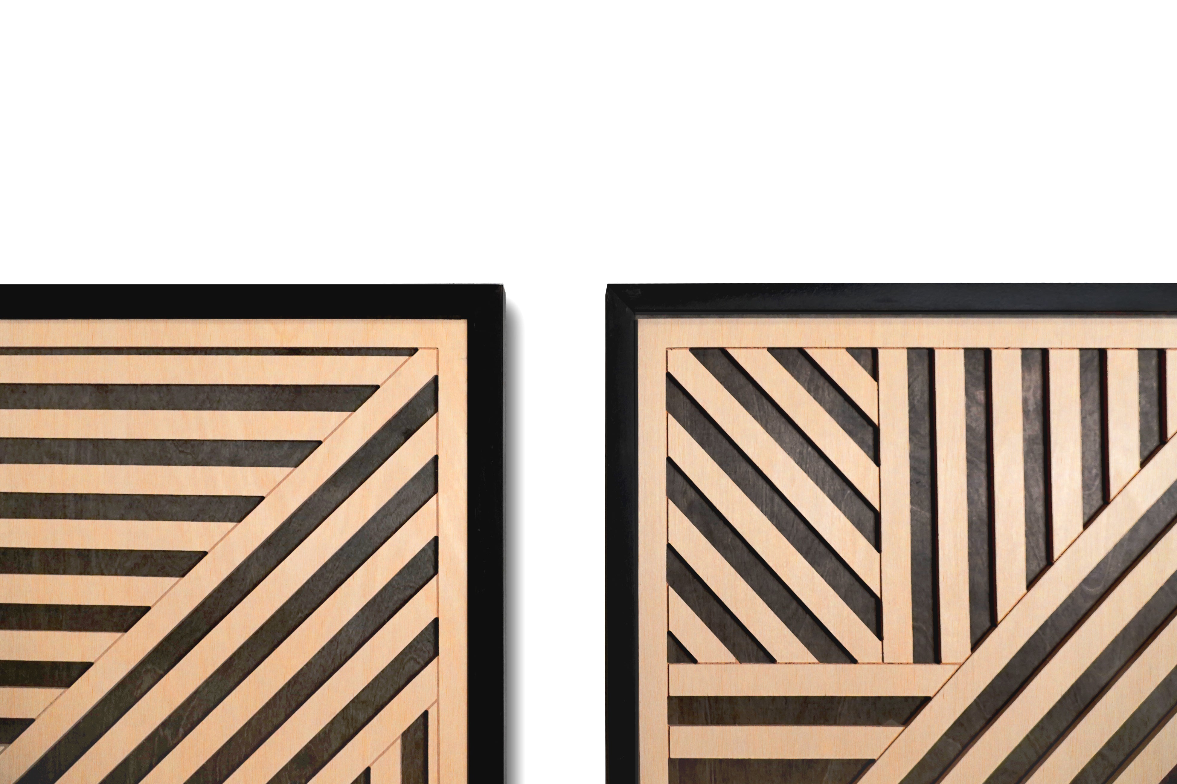Abstract Layered Wood Wall Art Set of 2 – Black and Maple Framed Panels with Striking Angular Patterns for Modern & Rustic Interiors