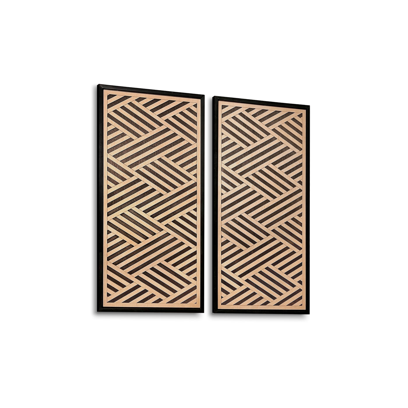 Layered Black and Maple Wood Wall Art Set of 2 – Geometric Framed Panels with Interlocking Patterns, for Modern & Rustic Living Rooms & Offices