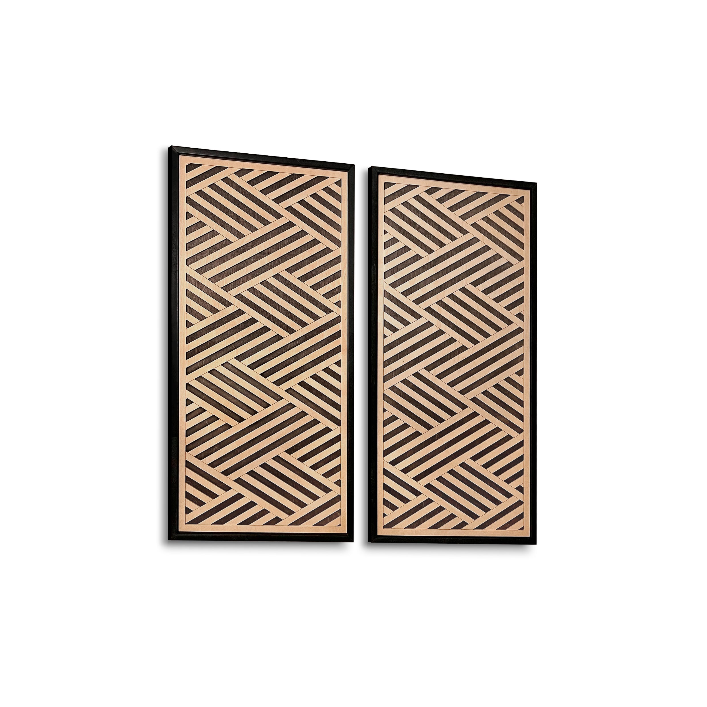 Layered Black and Maple Wood Wall Art Set of 2 – Geometric Framed Panels with Interlocking Patterns, for Modern & Rustic Living Rooms & Offices