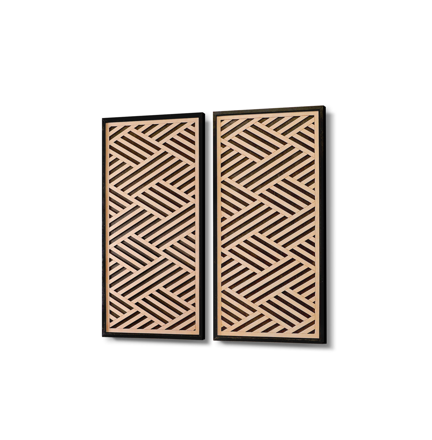 Layered Black and Maple Wood Wall Art Set of 2 – Geometric Framed Panels with Interlocking Patterns, for Modern & Rustic Living Rooms & Offices