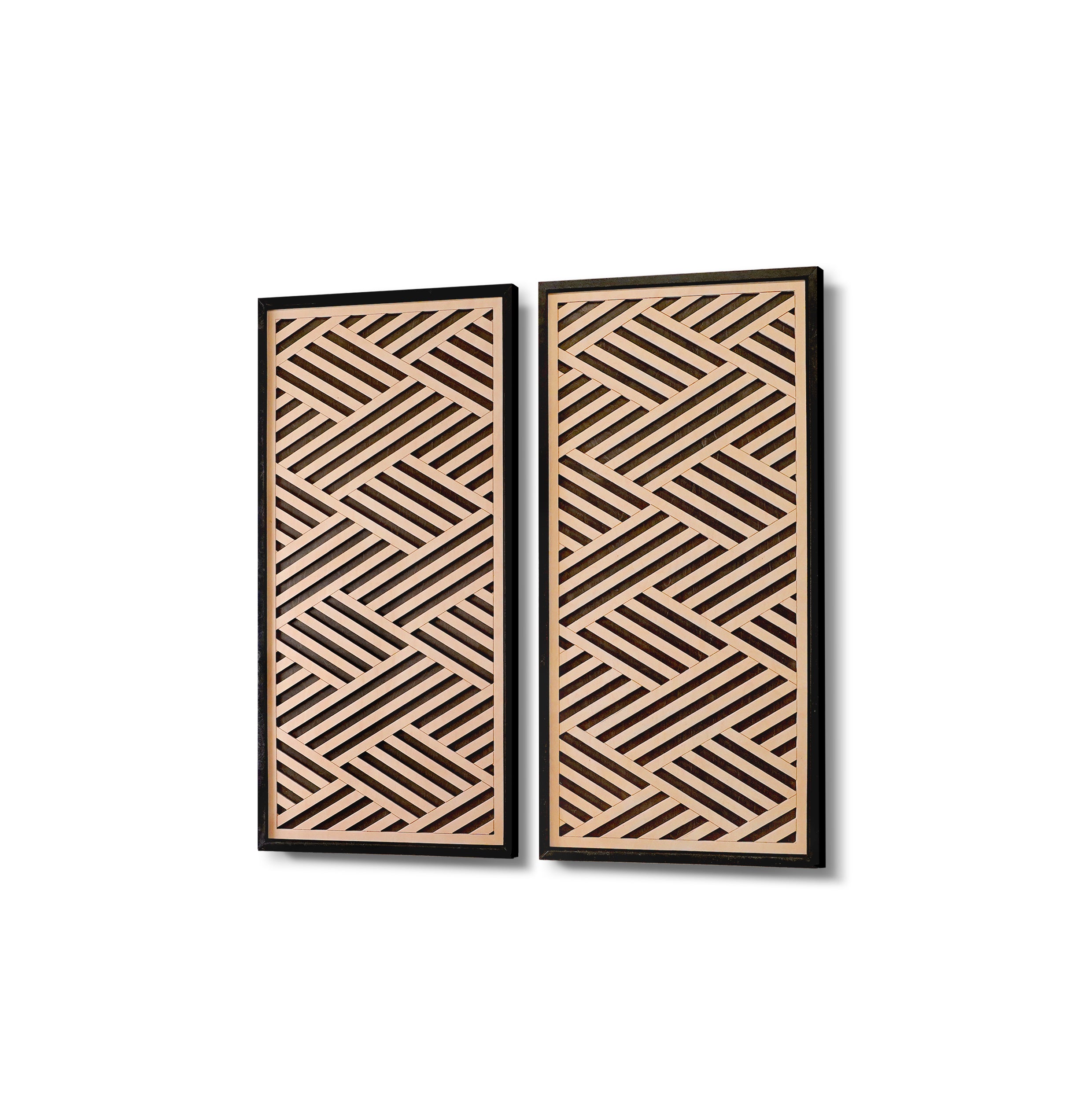 Layered Black and Maple Wood Wall Art Set of 2 – Geometric Framed Panels with Interlocking Patterns, for Modern & Rustic Living Rooms & Offices