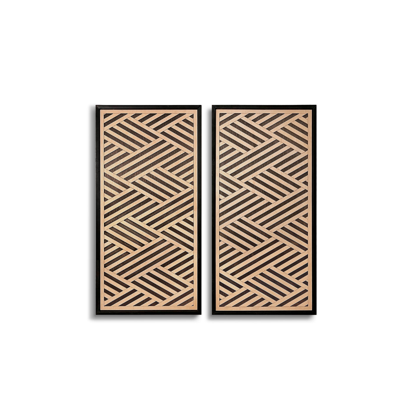 Layered Black and Maple Wood Wall Art Set of 2 – Geometric Framed Panels with Interlocking Patterns, for Modern & Rustic Living Rooms & Offices