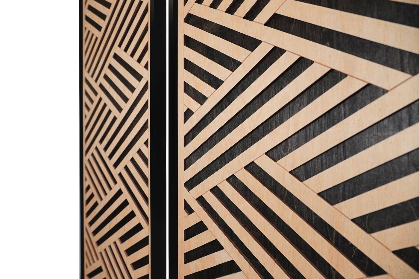 Layered Black and Maple Wood Wall Art Set of 2 – Geometric Framed Panels with Interlocking Patterns, for Modern & Rustic Living Rooms & Offices