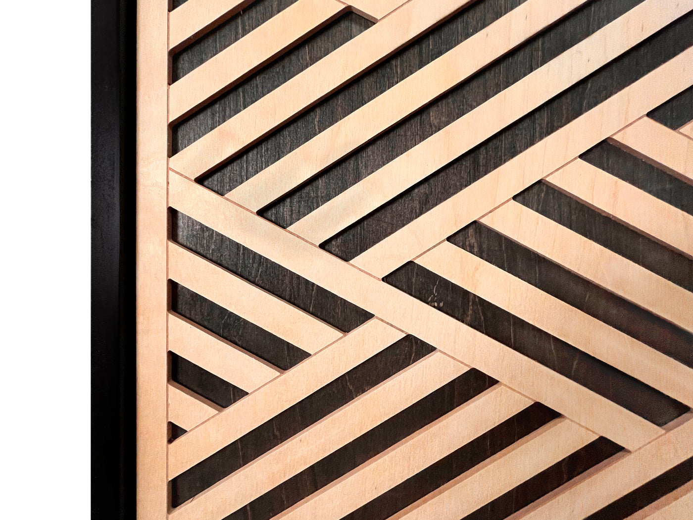 Layered Black and Maple Wood Wall Art Set of 2 – Geometric Framed Panels with Interlocking Patterns, for Modern & Rustic Living Rooms & Offices