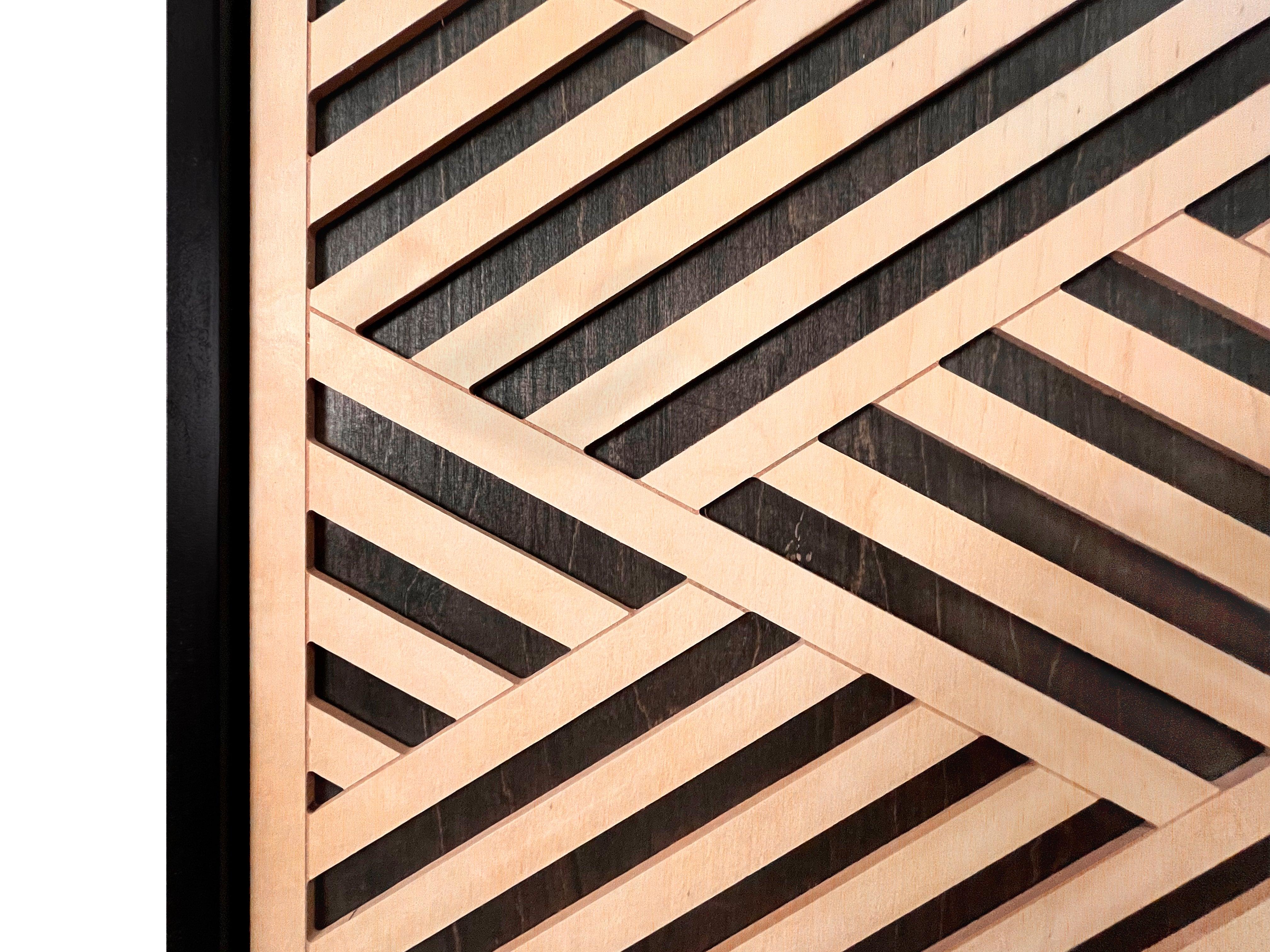 Layered Black and Maple Wood Wall Art Set of 2 – Geometric Framed Panels with Interlocking Patterns, for Modern & Rustic Living Rooms & Offices
