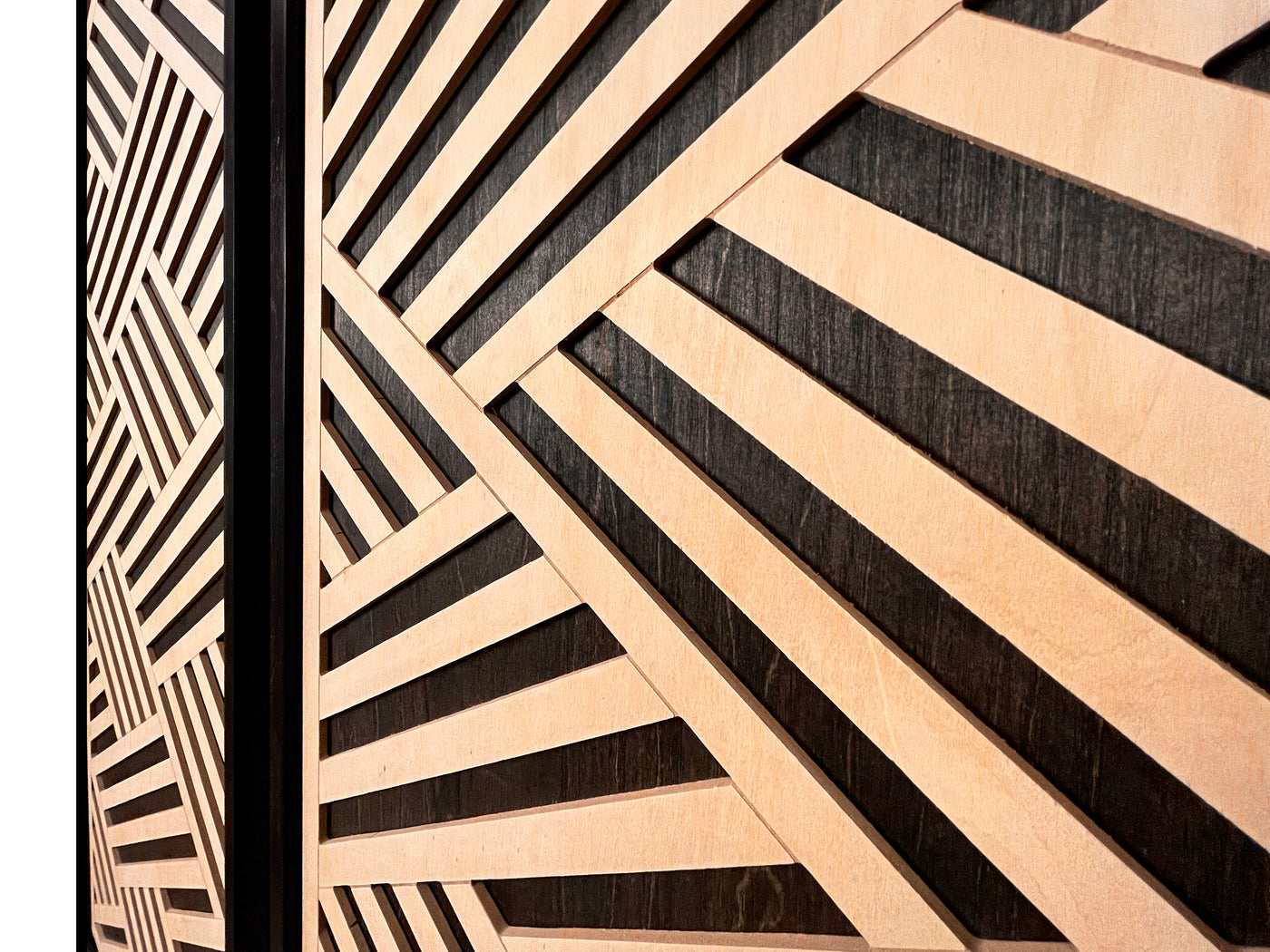 Layered Black and Maple Wood Wall Art Set of 2 – Geometric Framed Panels with Interlocking Patterns, for Modern & Rustic Living Rooms & Offices