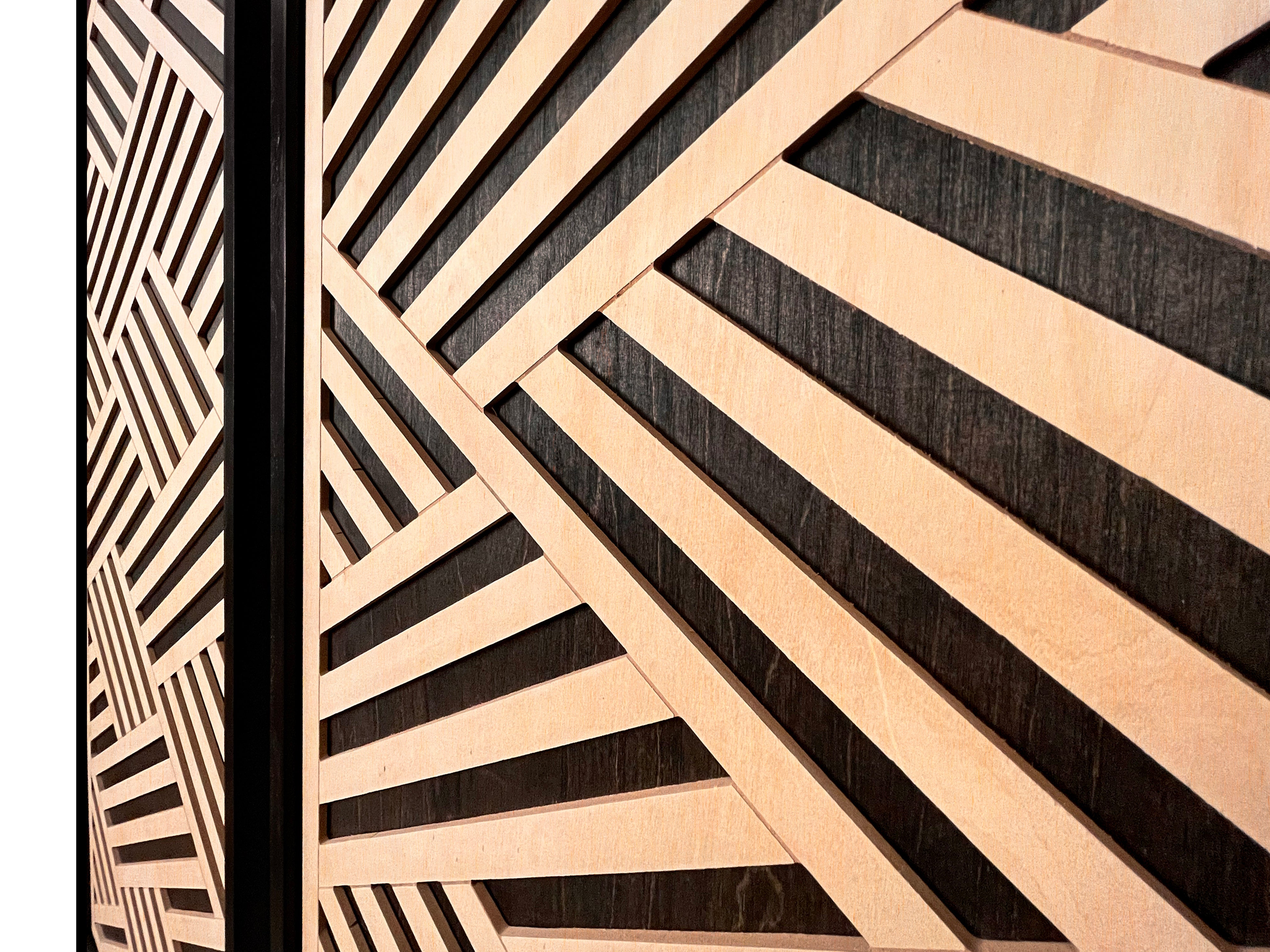 Layered Black and Maple Wood Wall Art Set of 2 – Geometric Framed Panels with Interlocking Patterns, for Modern & Rustic Living Rooms & Offices