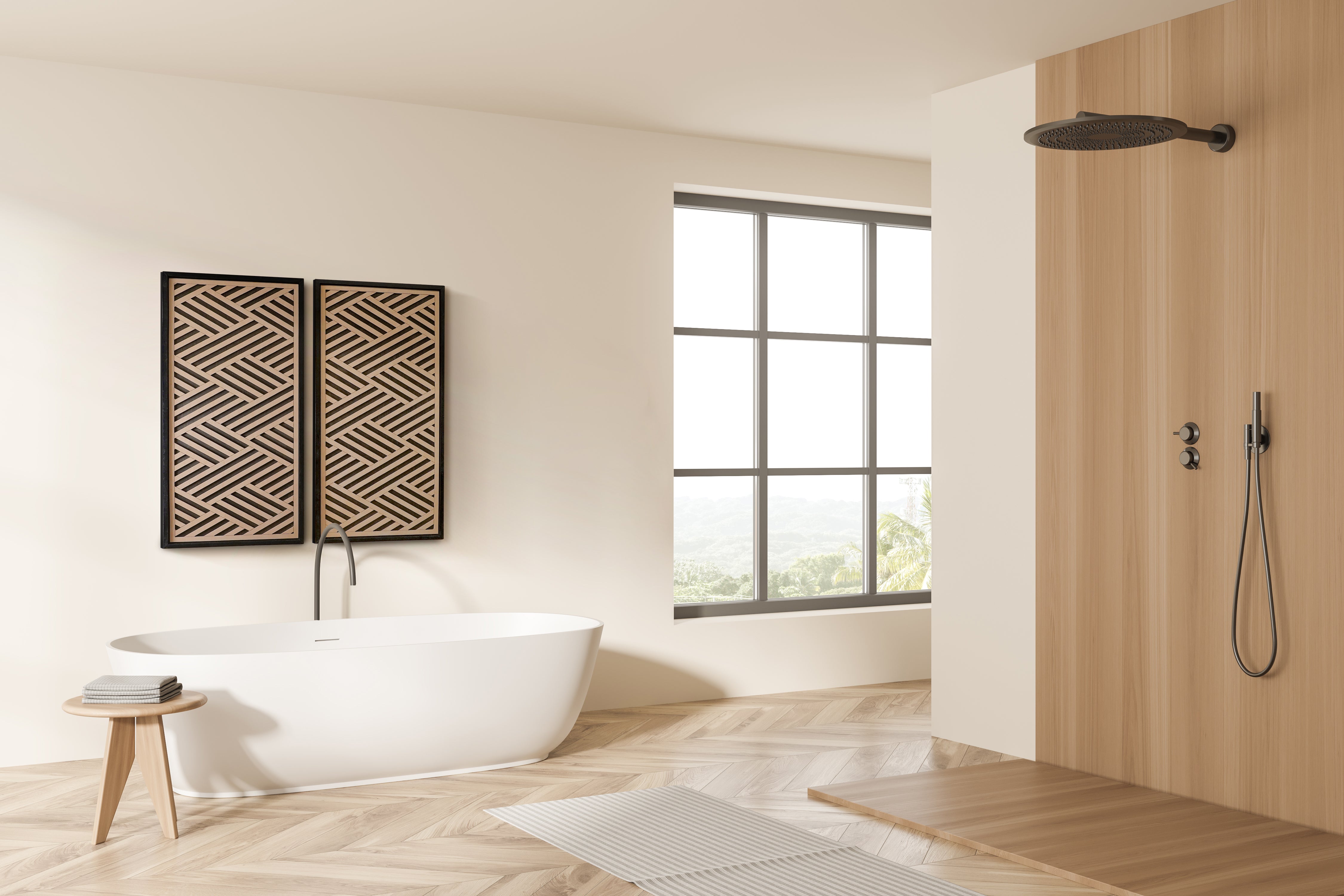 Layered Black and Maple Wood Wall Art Set of 2 – Geometric Framed Panels with Interlocking Patterns, for Modern & Rustic Living Rooms & Offices