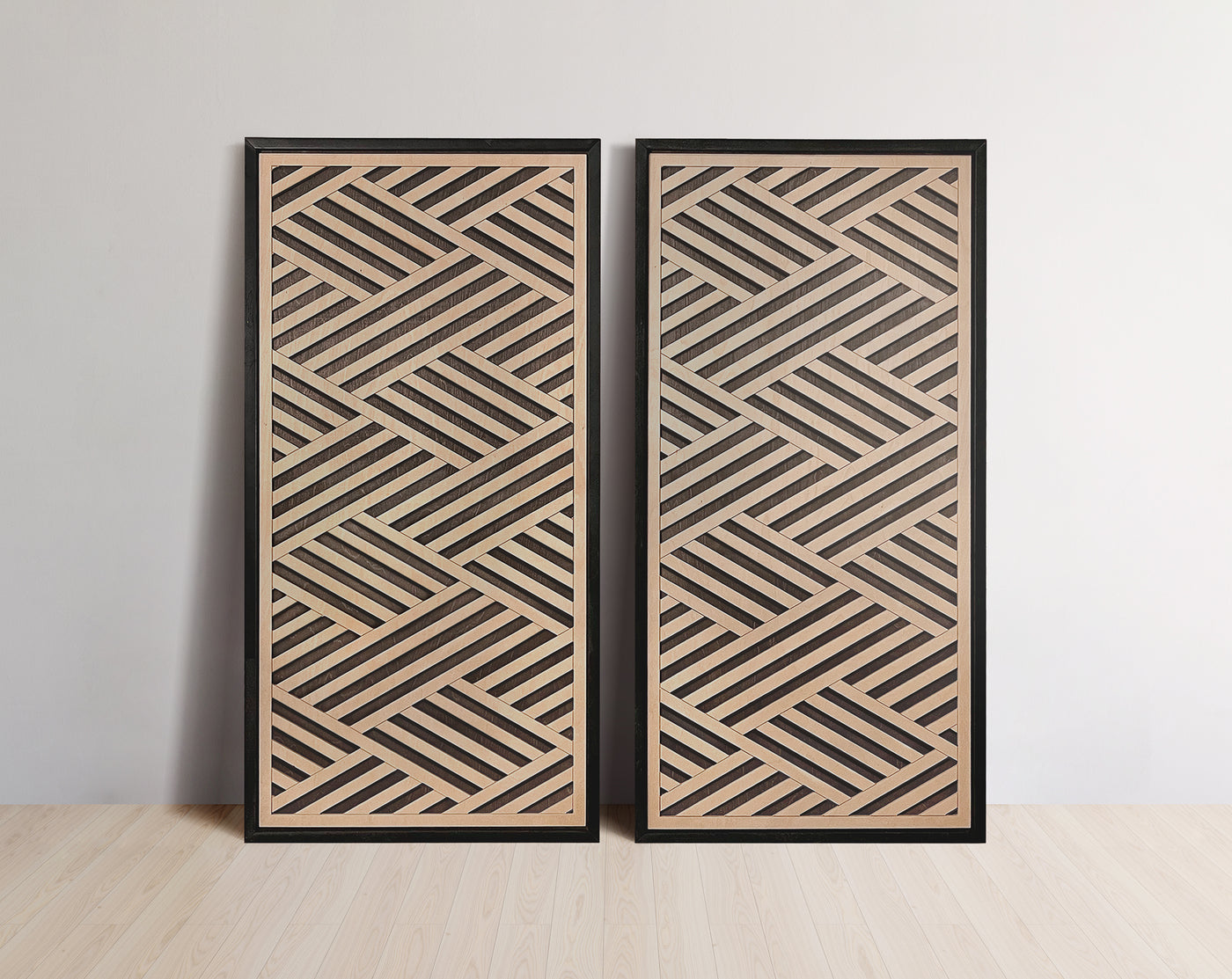 Layered Black and Maple Wood Wall Art Set of 2 – Geometric Framed Panels with Interlocking Patterns, for Modern & Rustic Living Rooms & Offices