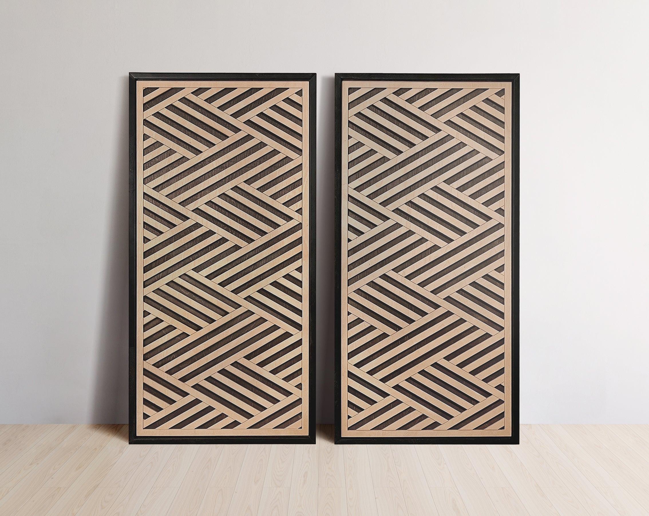 Layered Black and Maple Wood Wall Art Set of 2 – Geometric Framed Panels with Interlocking Patterns, for Modern & Rustic Living Rooms & Offices