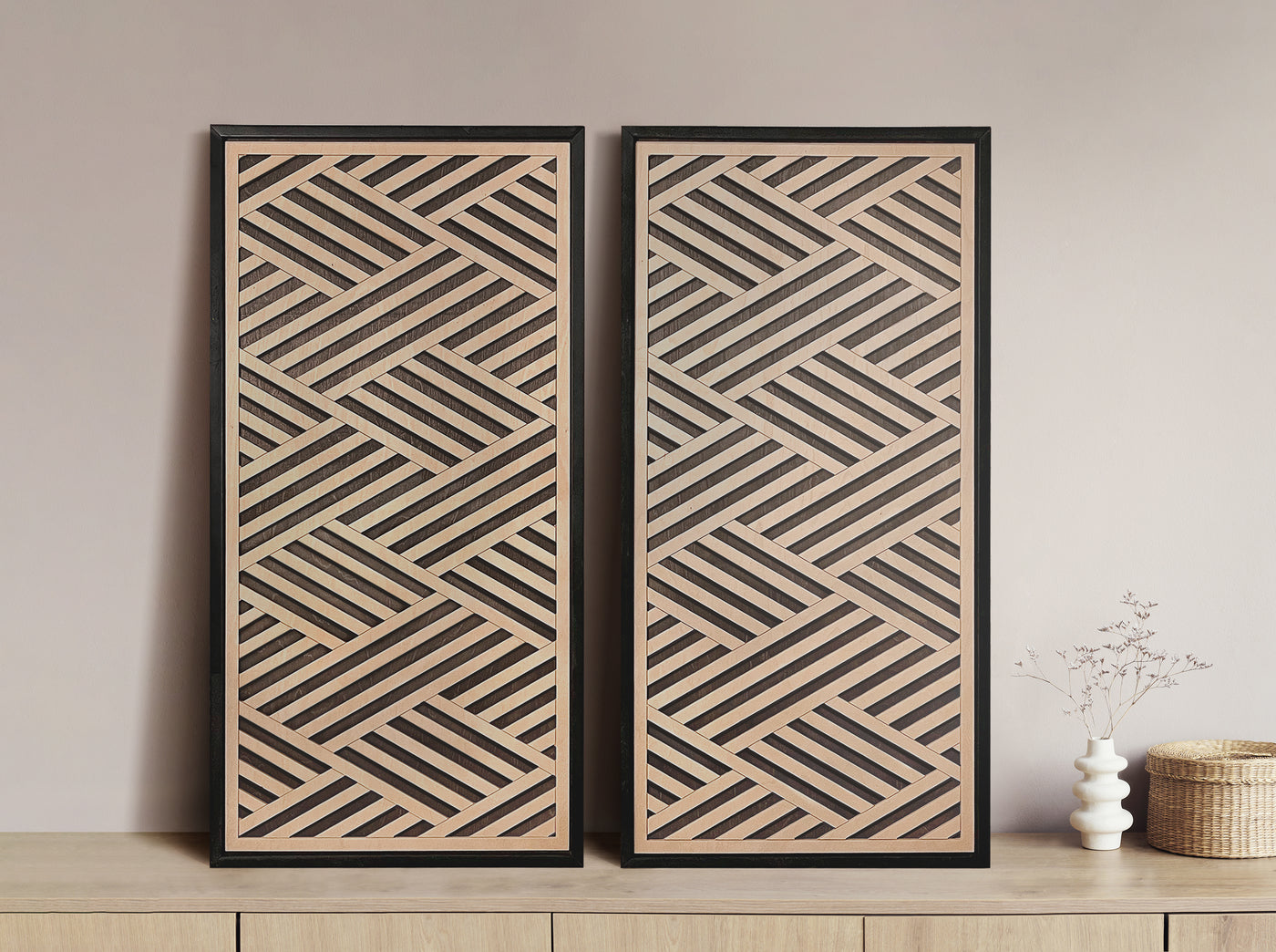 Layered Black and Maple Wood Wall Art Set of 2 – Geometric Framed Panels with Interlocking Patterns, for Modern & Rustic Living Rooms & Offices