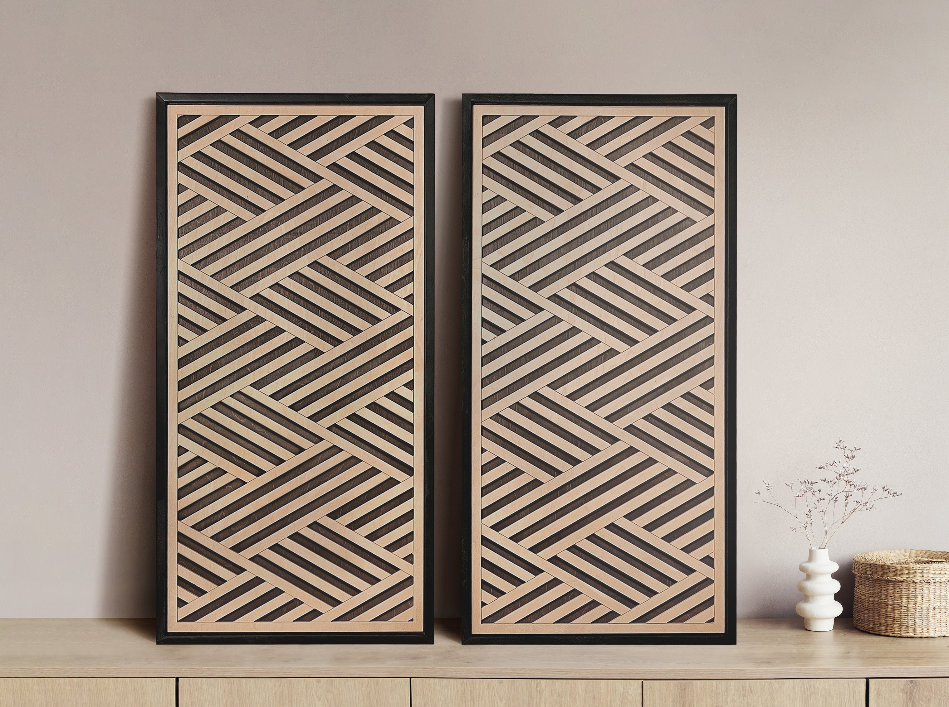 Layered Black and Maple Wood Wall Art Set of 2 – Geometric Framed Panels with Interlocking Patterns, for Modern & Rustic Living Rooms & Offices