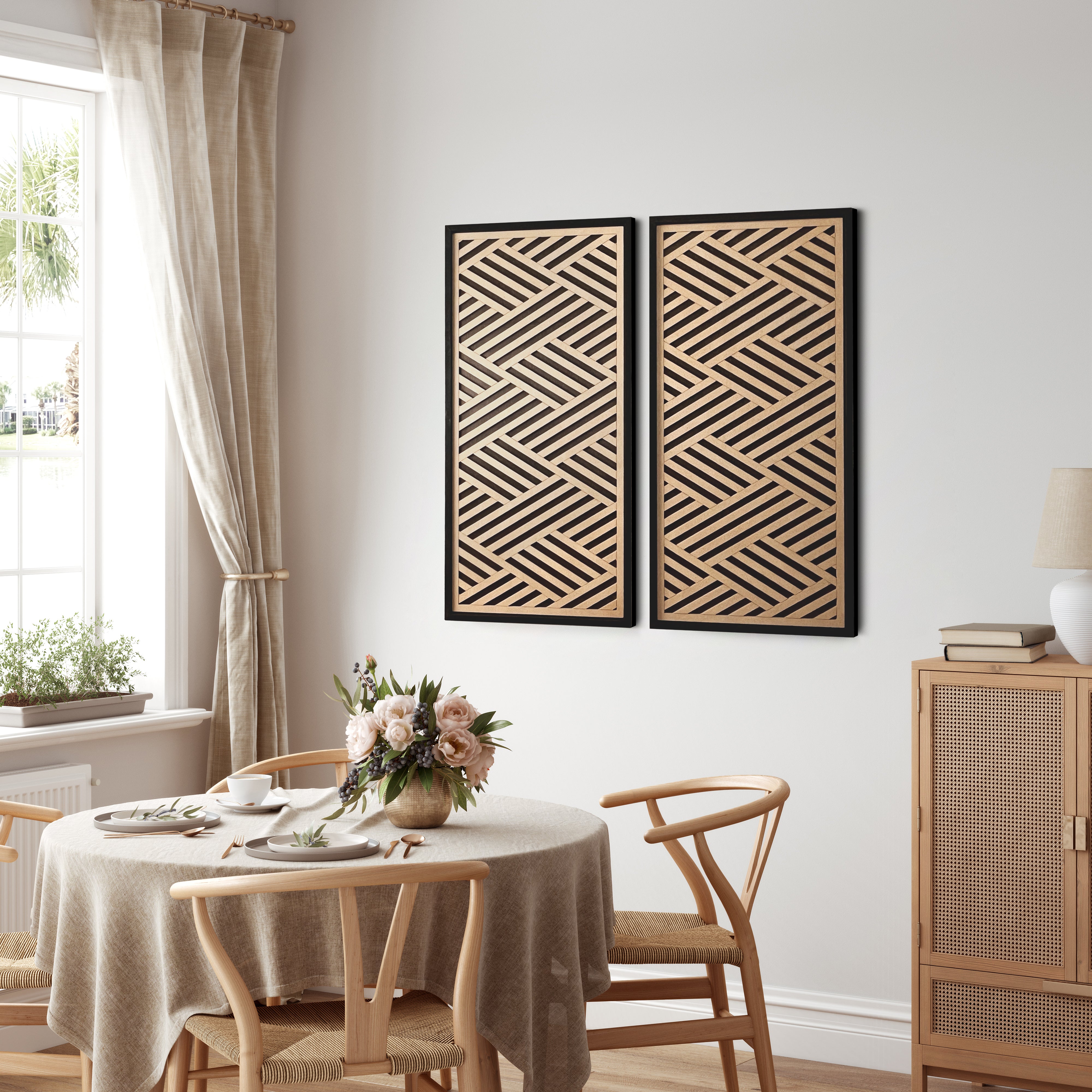 Layered Black and Maple Wood Wall Art Set of 2 – Geometric Framed Panels with Interlocking Patterns, for Modern & Rustic Living Rooms & Offices
