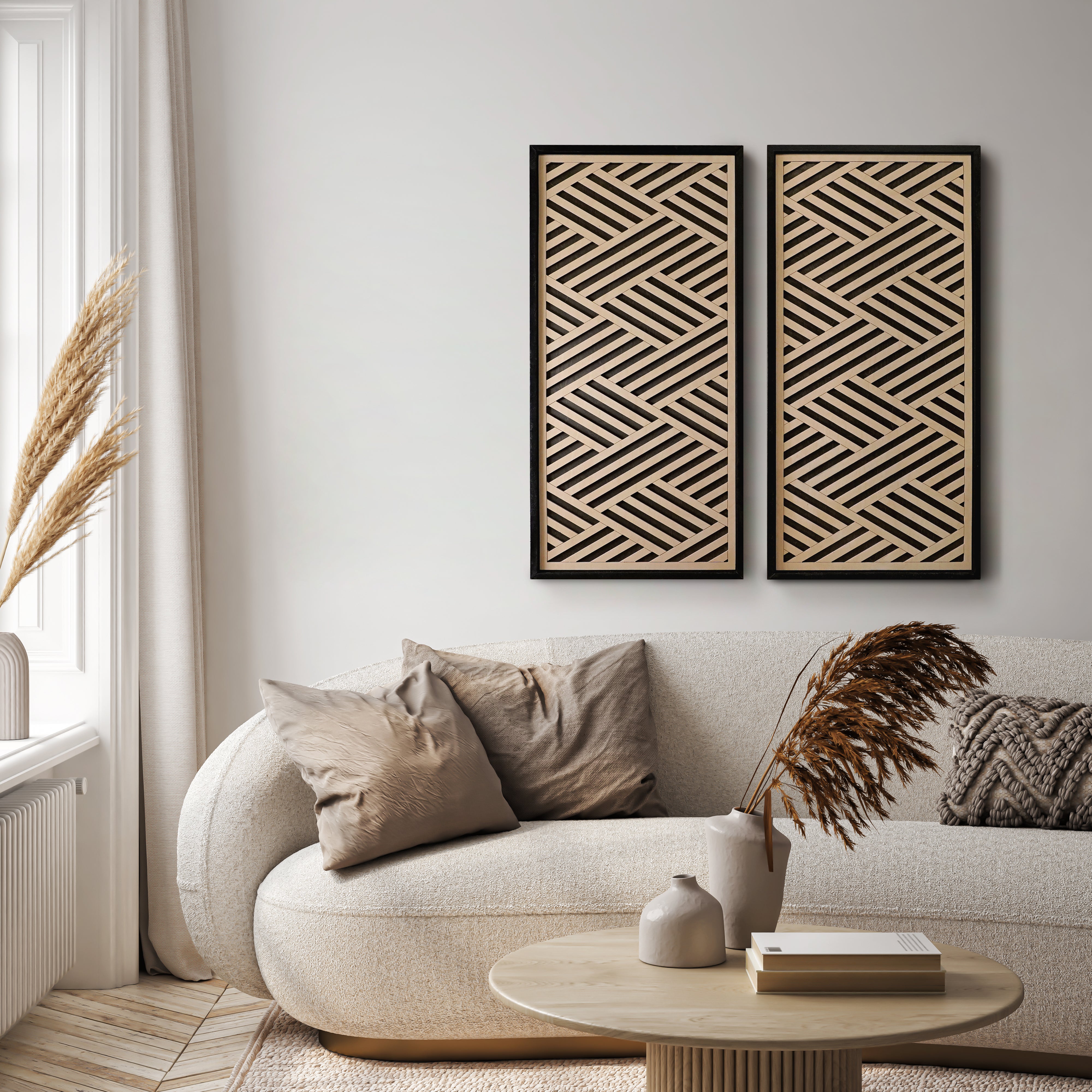 Layered Black and Maple Wood Wall Art Set of 2 – Geometric Framed Panels with Interlocking Patterns, for Modern & Rustic Living Rooms & Offices