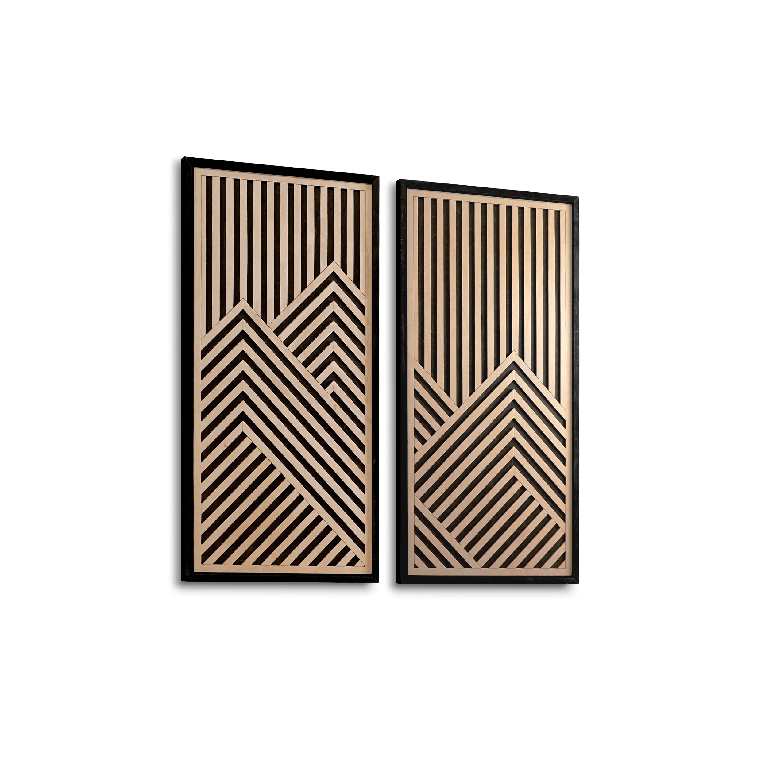 Mountain Range Layered Wood Wall Art Set of 2 – Black & Maple Framed Panels with Geometric Patterns for Homes, Bedrooms & Offices
