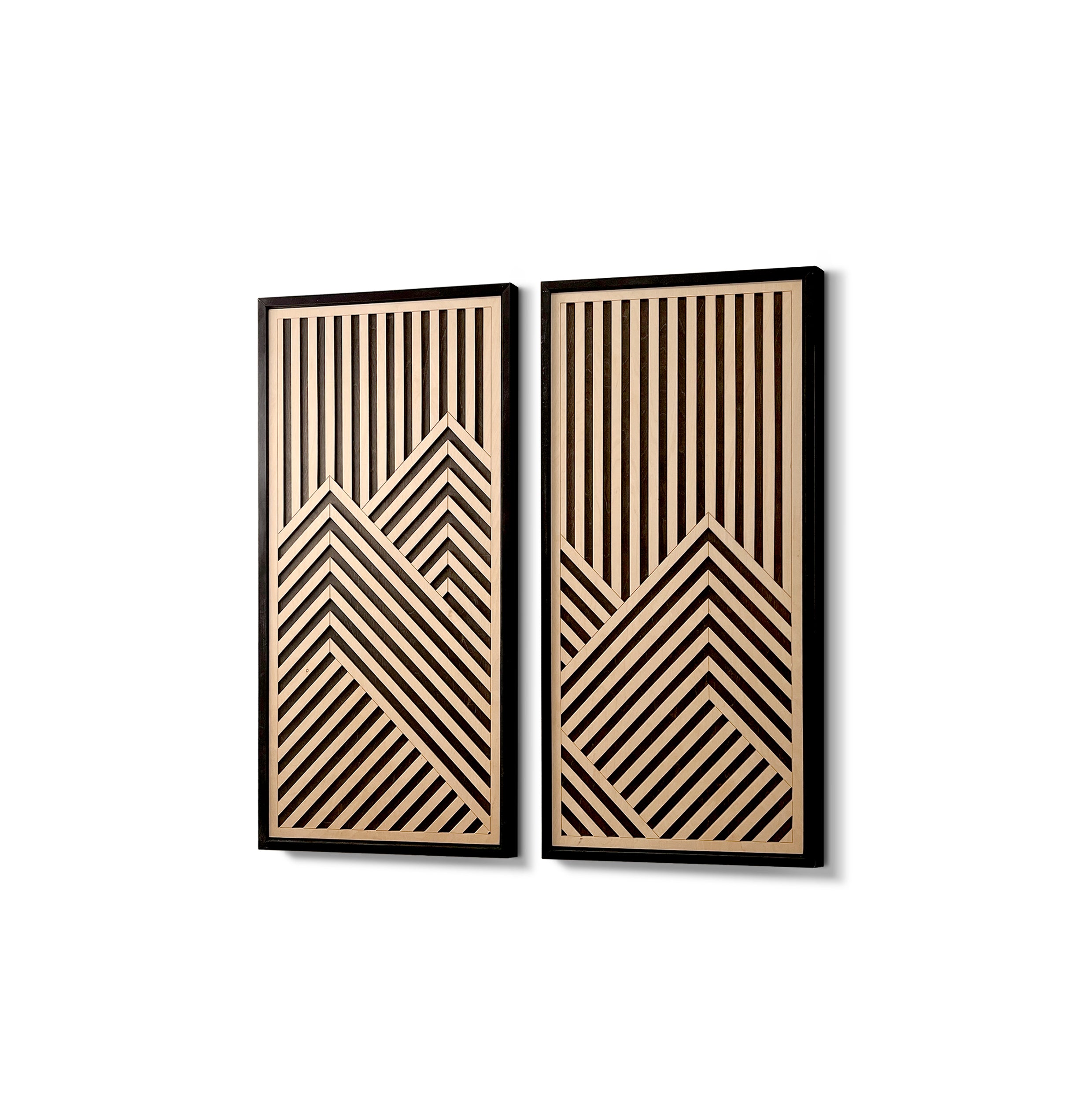 Mountain Range Layered Wood Wall Art Set of 2 – Black & Maple Framed Panels with Geometric Patterns for Homes, Bedrooms & Offices
