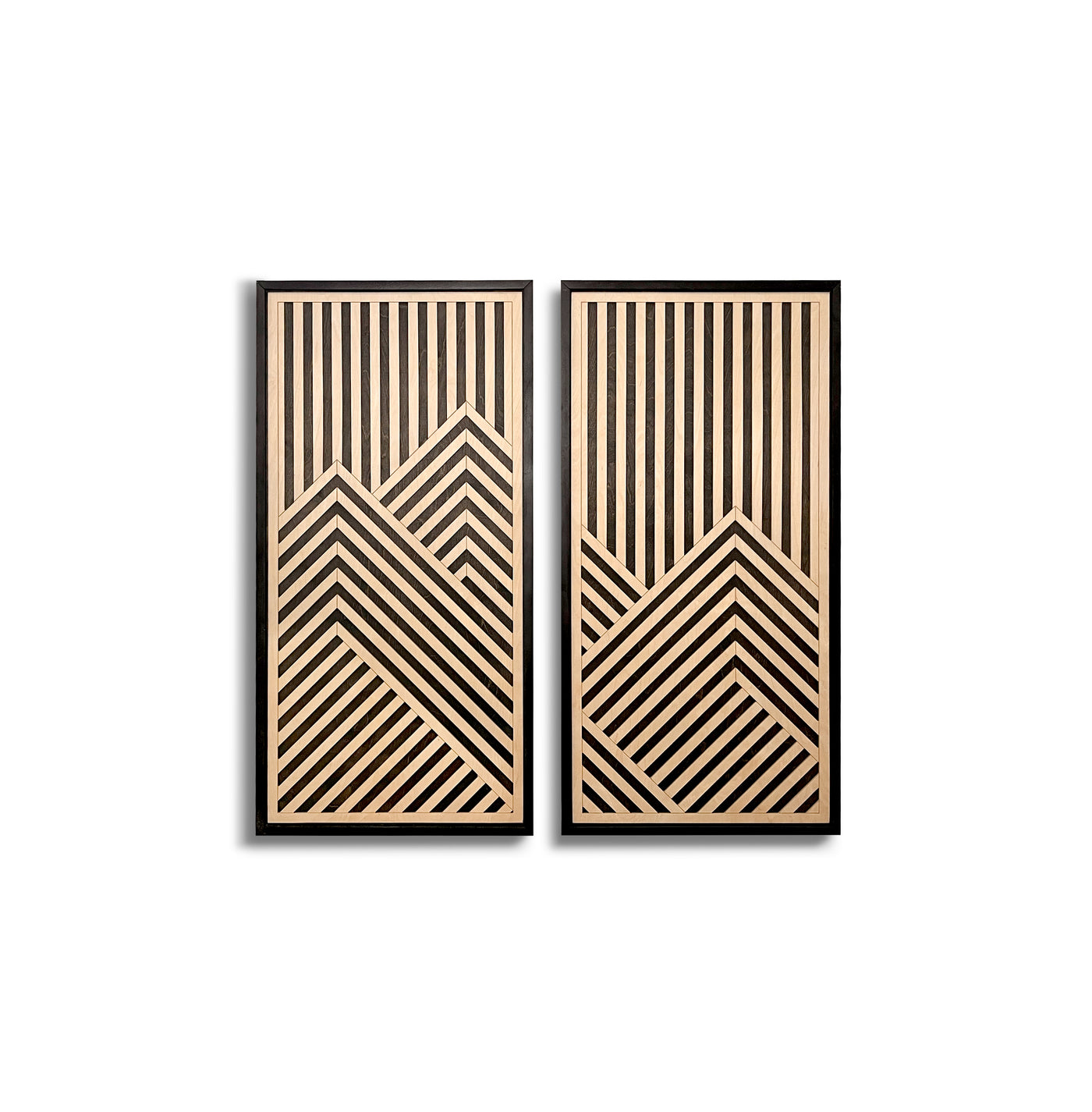 Mountain Range Layered Wood Wall Art Set of 2 – Black & Maple Framed Panels with Geometric Patterns for Homes, Bedrooms & Offices