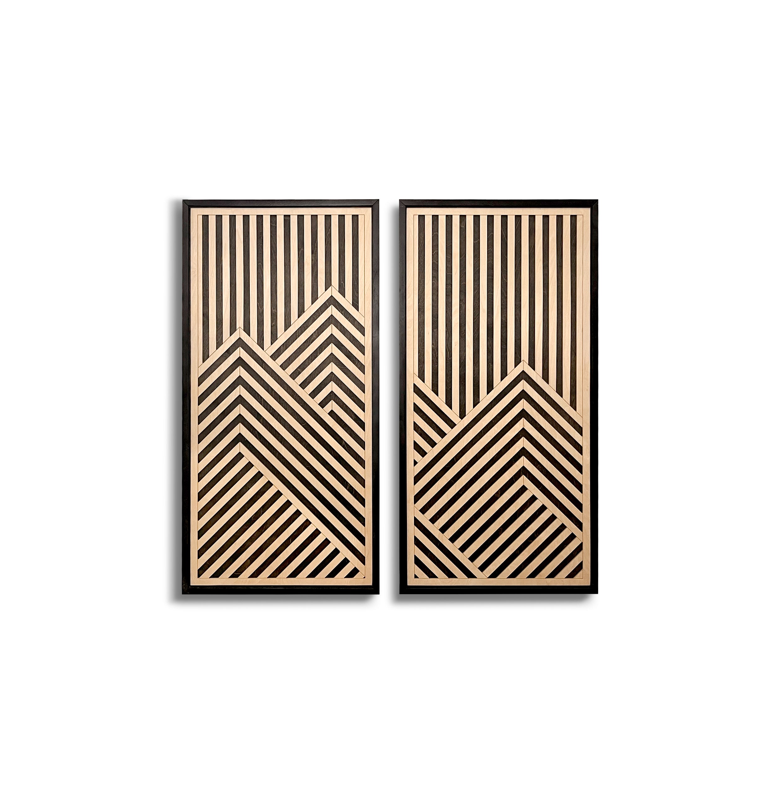 Mountain Range Layered Wood Wall Art Set of 2 – Black & Maple Framed Panels with Geometric Patterns for Homes, Bedrooms & Offices