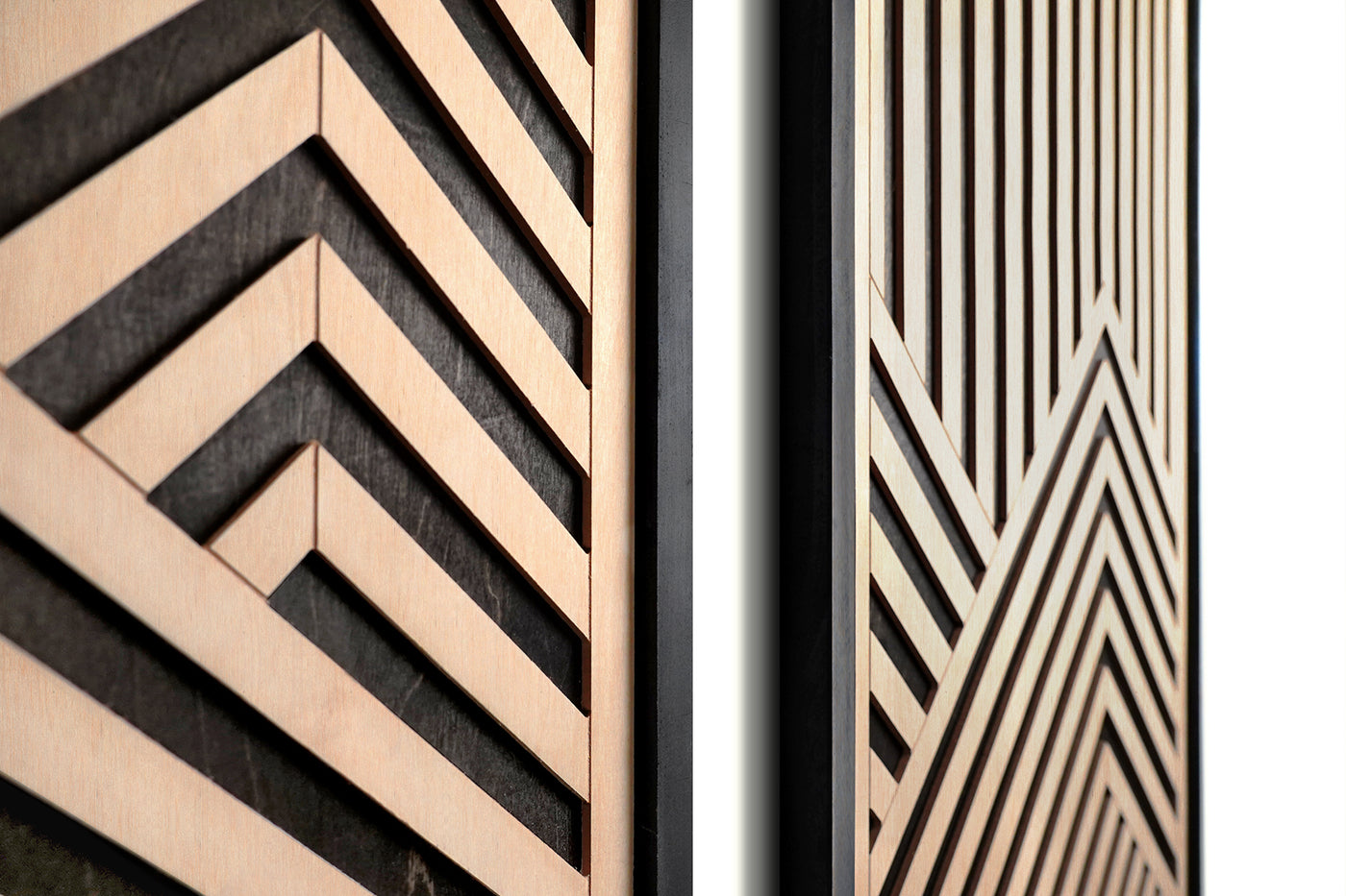 Mountain Range Layered Wood Wall Art Set of 2 – Black & Maple Framed Panels with Geometric Patterns for Homes, Bedrooms & Offices