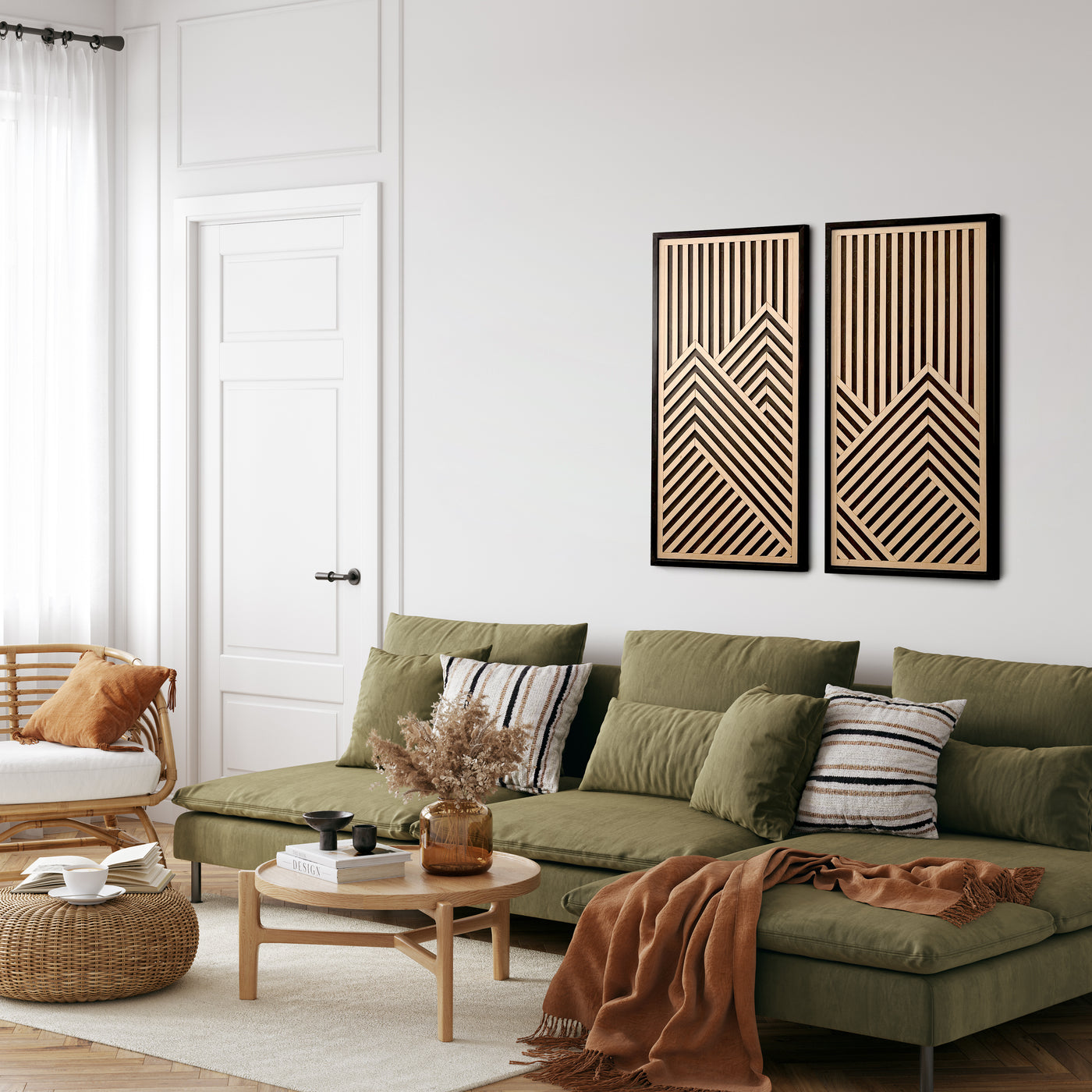 Mountain Range Layered Wood Wall Art Set of 2 – Black & Maple Framed Panels with Geometric Patterns for Homes, Bedrooms & Offices