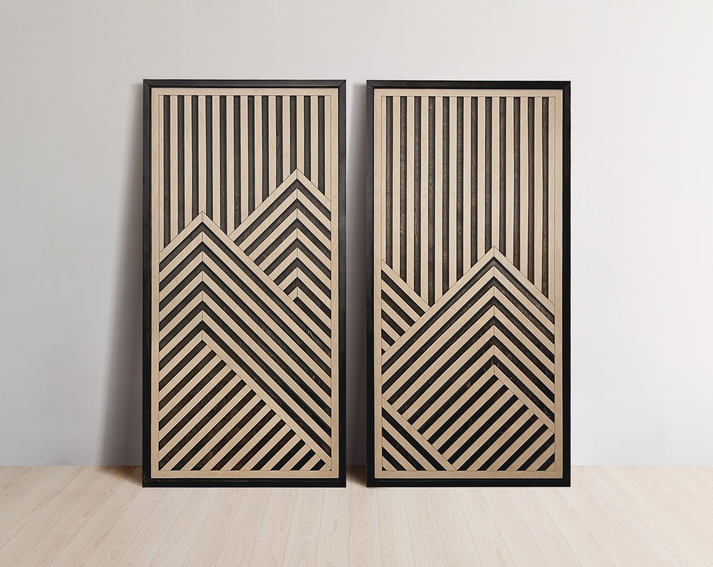 Mountain Range Layered Wood Wall Art Set of 2 – Black & Maple Framed Panels with Geometric Patterns for Homes, Bedrooms & Offices