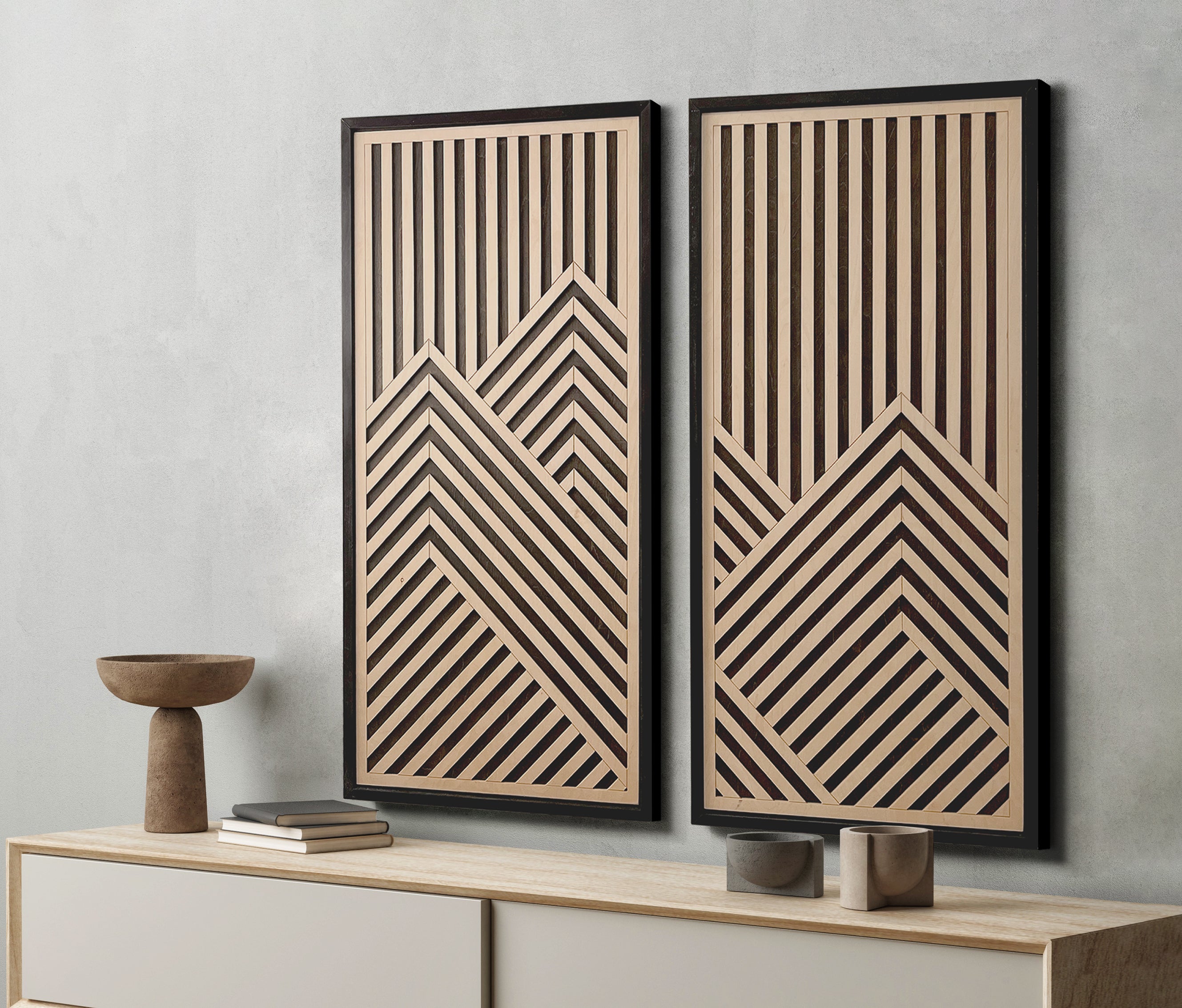 Mountain Range Layered Wood Wall Art Set of 2 – Black & Maple Framed Panels with Geometric Patterns for Homes, Bedrooms & Offices