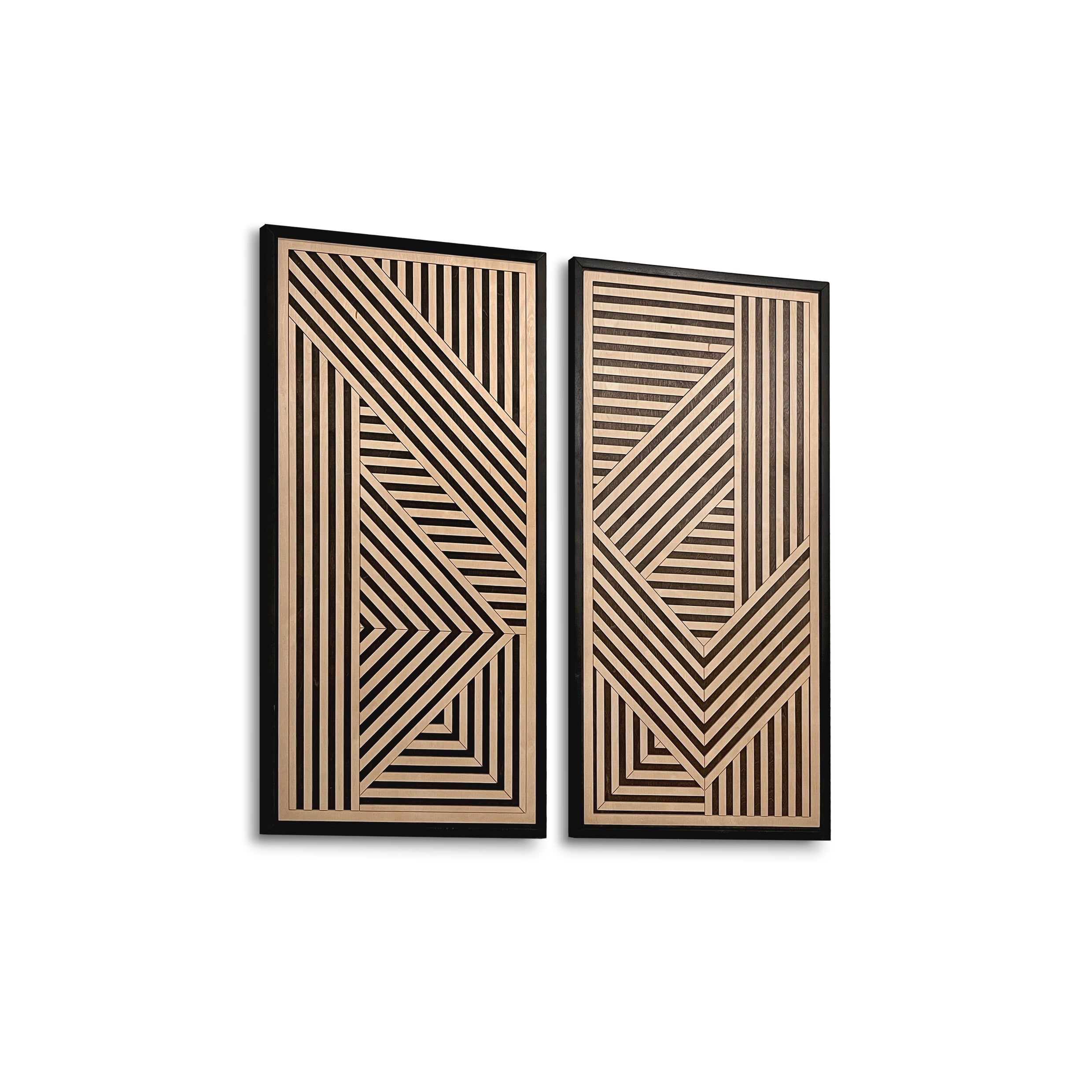 Geometric Layered Wood Wall Art Set of 2 – Framed Panels with Bold Black and Maple Angular Designs for Living Rooms & Offices