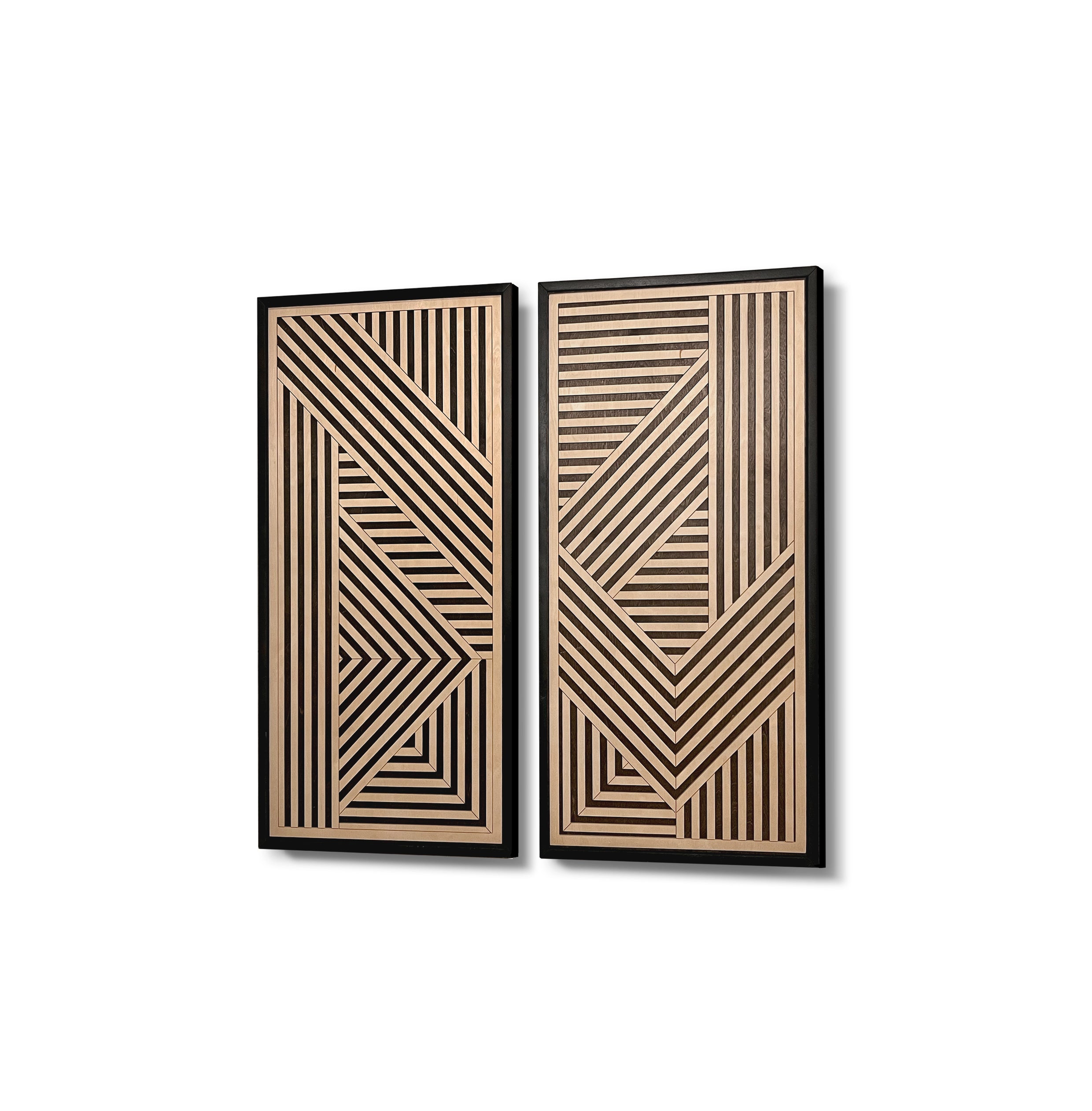 Geometric Layered Wood Wall Art Set of 2 – Framed Panels with Bold Black and Maple Angular Designs for Living Rooms & Offices