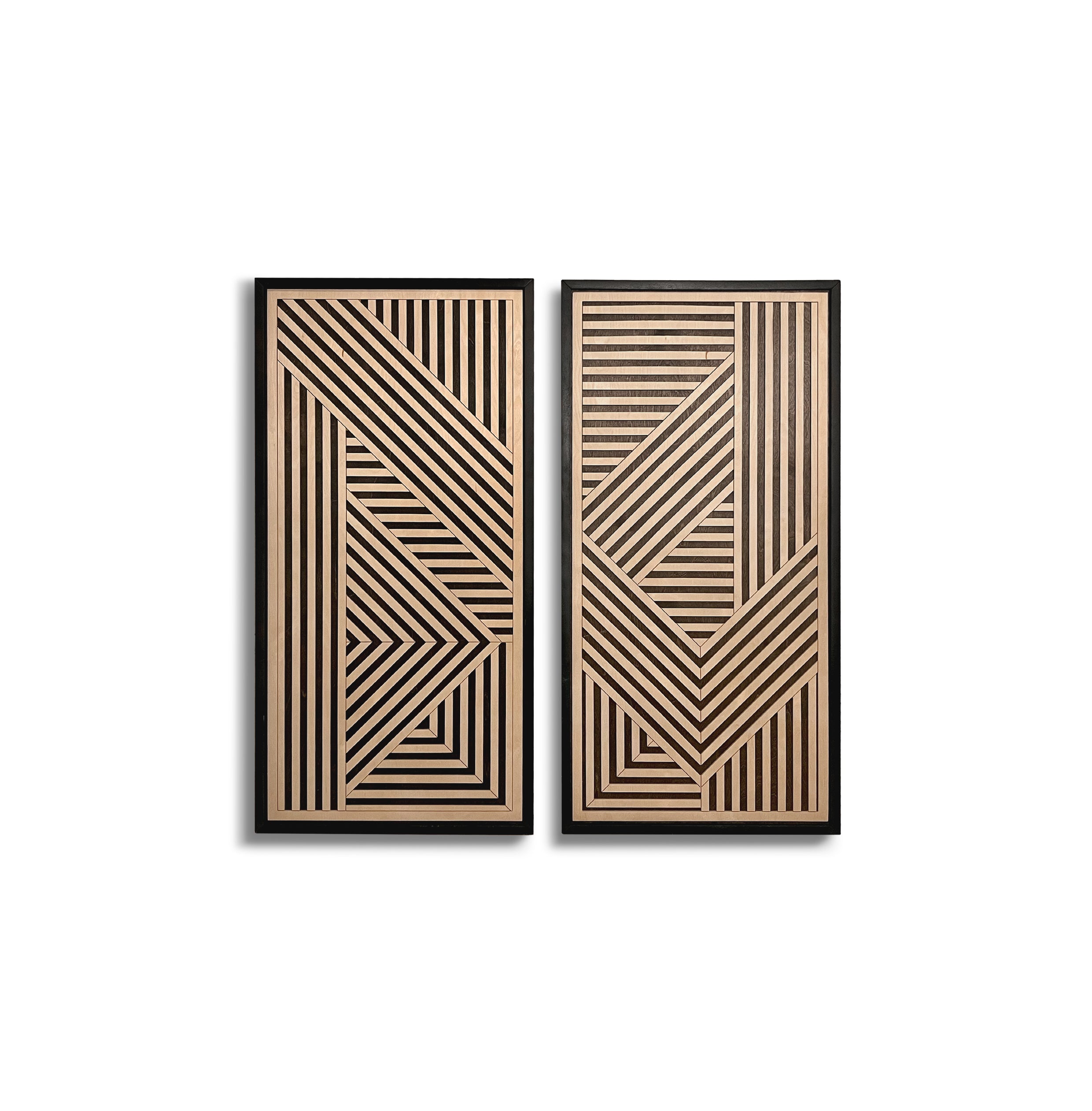 Geometric Layered Wood Wall Art Set of 2 – Framed Panels with Bold Black and Maple Angular Designs for Living Rooms & Offices