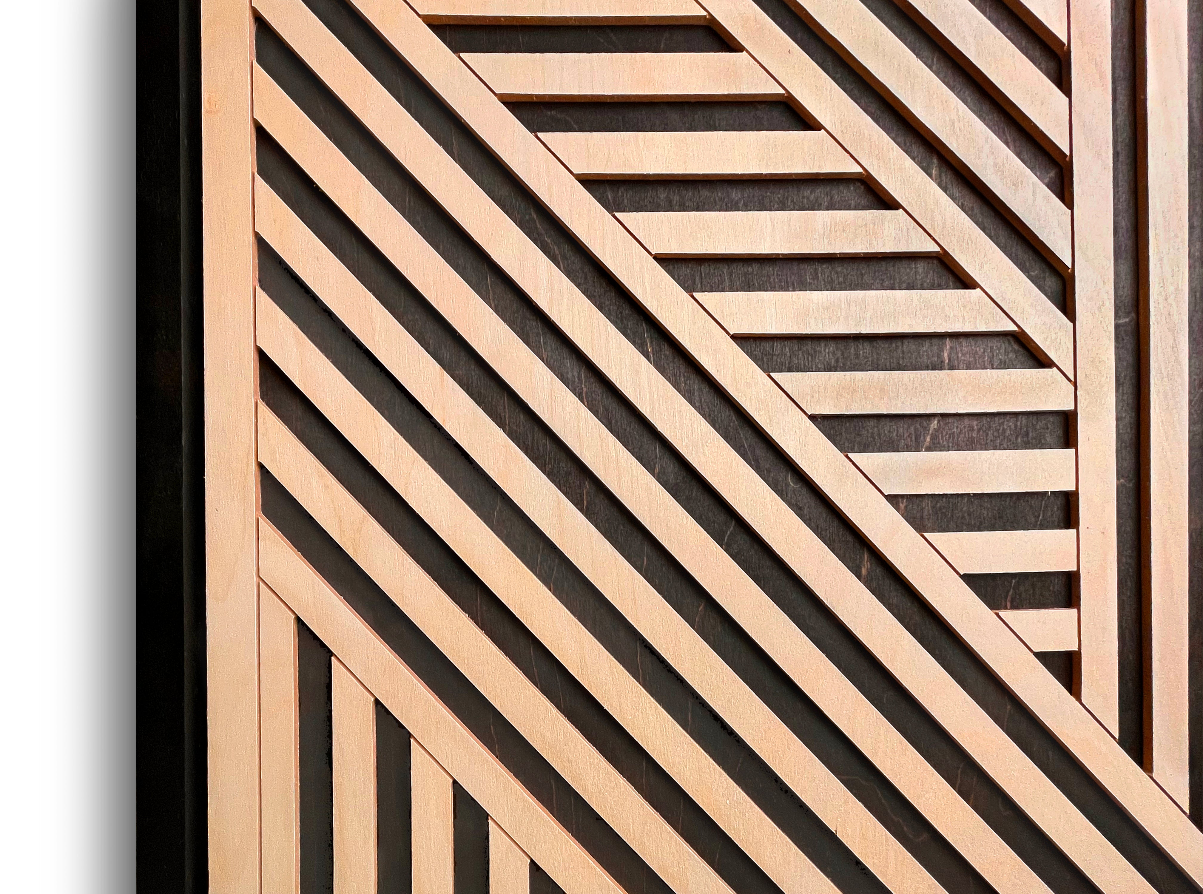 Geometric Layered Wood Wall Art Set of 2 – Framed Panels with Bold Black and Maple Angular Designs for Living Rooms & Offices
