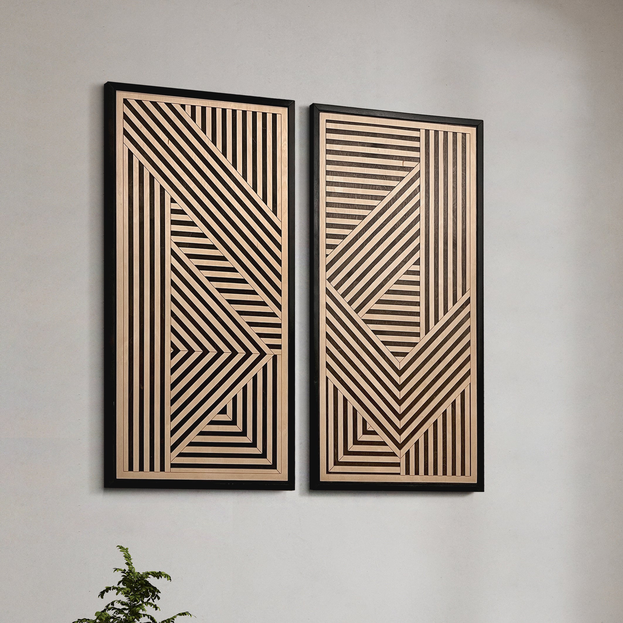 Geometric Layered Wood Wall Art Set of 2 – Framed Panels with Bold Black and Maple Angular Designs for Living Rooms & Offices