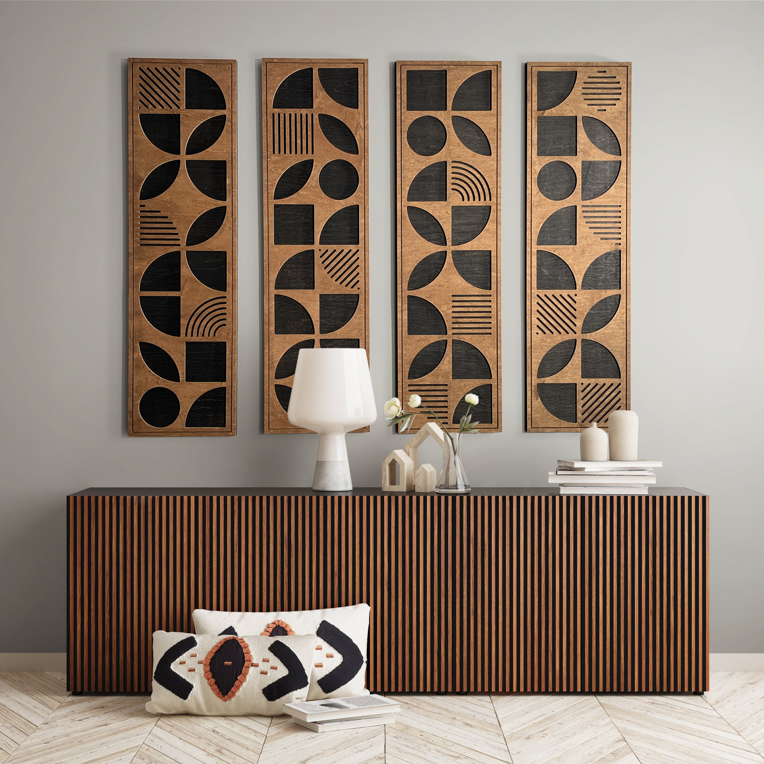 Geometric Shapes Wood Wall Art (Set of 4, 42.5" x 12" per panel) - Form11Studio