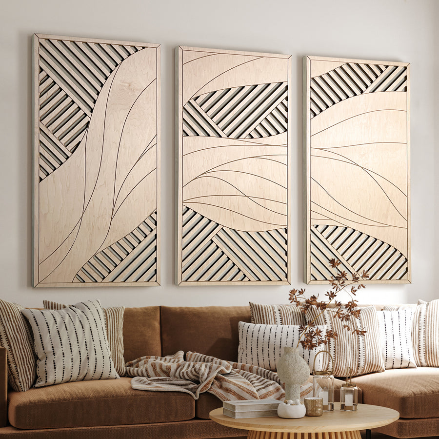 Flowing Waves Wood Wall Art (Set of 3, 44" x 22" per panel)) - Form11Studio