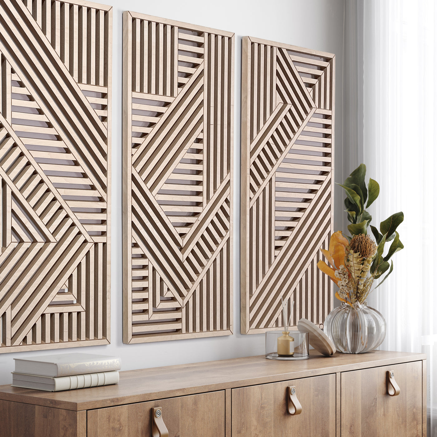 Geometric Cutouts Wood Wall Art (Set of 3, 44" x 22" per panel)) - Form11Studio