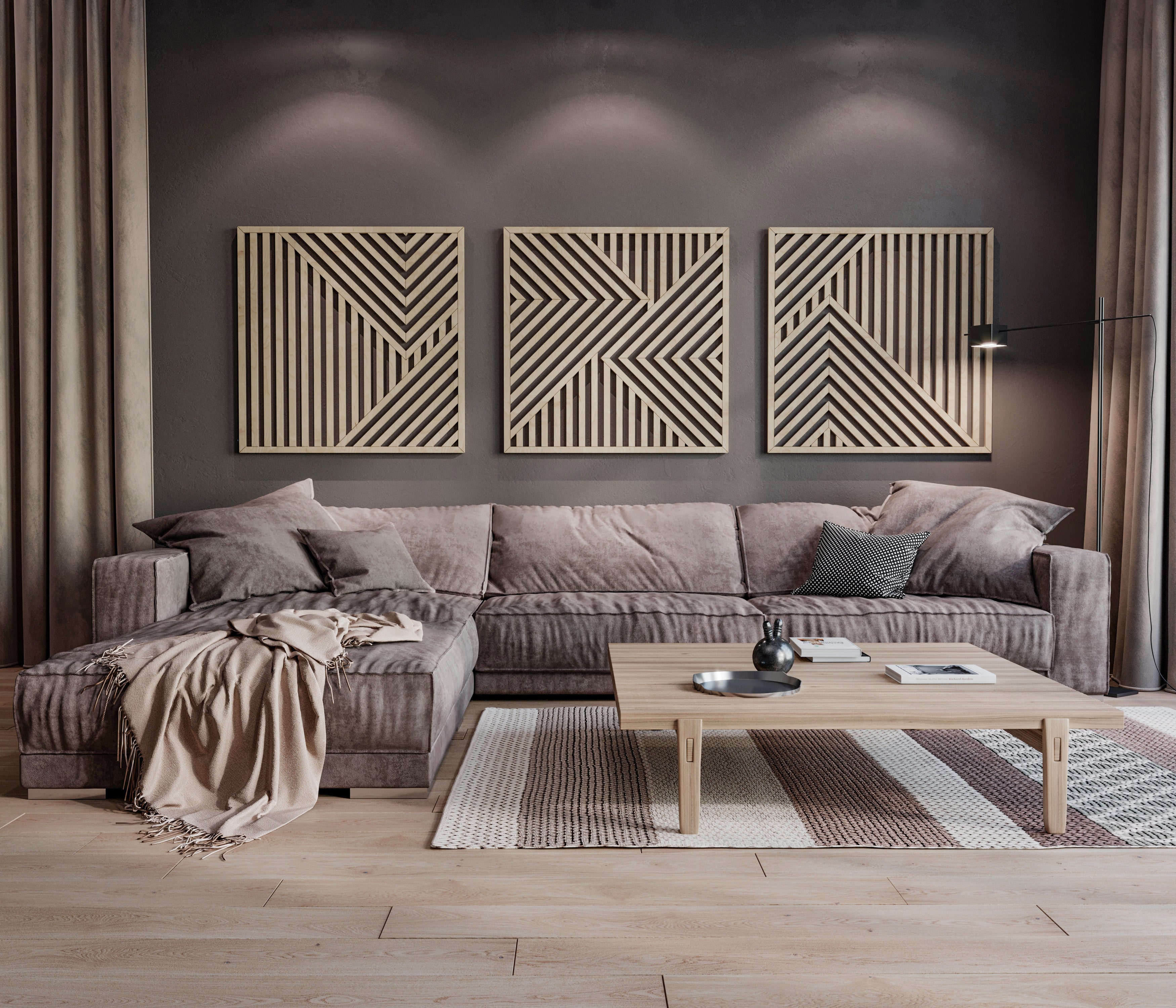 Geometric Maple Wood Wall Art Set of 3 – Abstract Decorative Panels for Living Room, Office & Rustic Interiors, Bold Modern Statement Decor