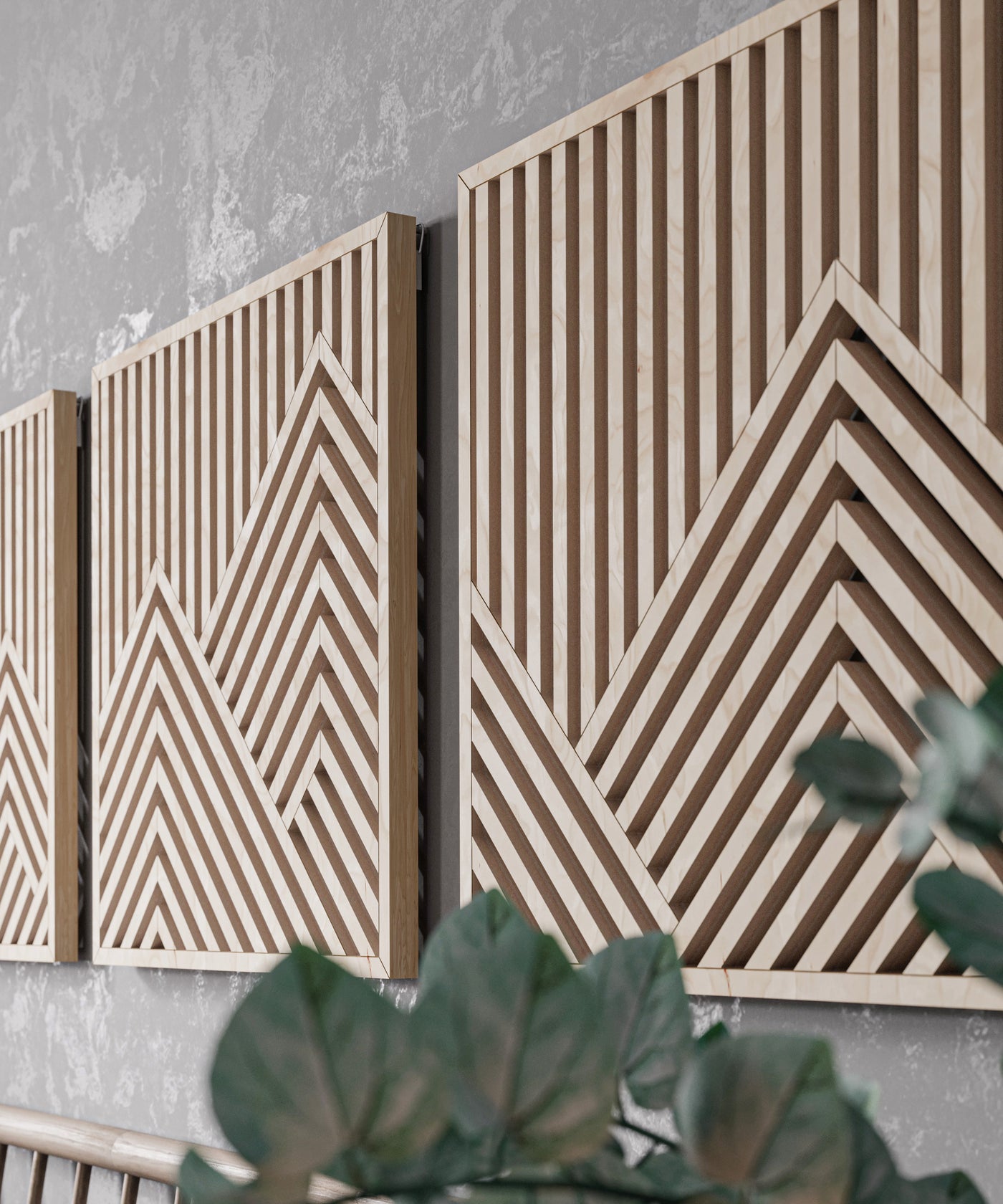Geometric Maple Mountain Wall Art Set of 3 – Abstract Wooden Panels for Modern & Rustic Spaces, Ideal for Living Room or Office Decor
