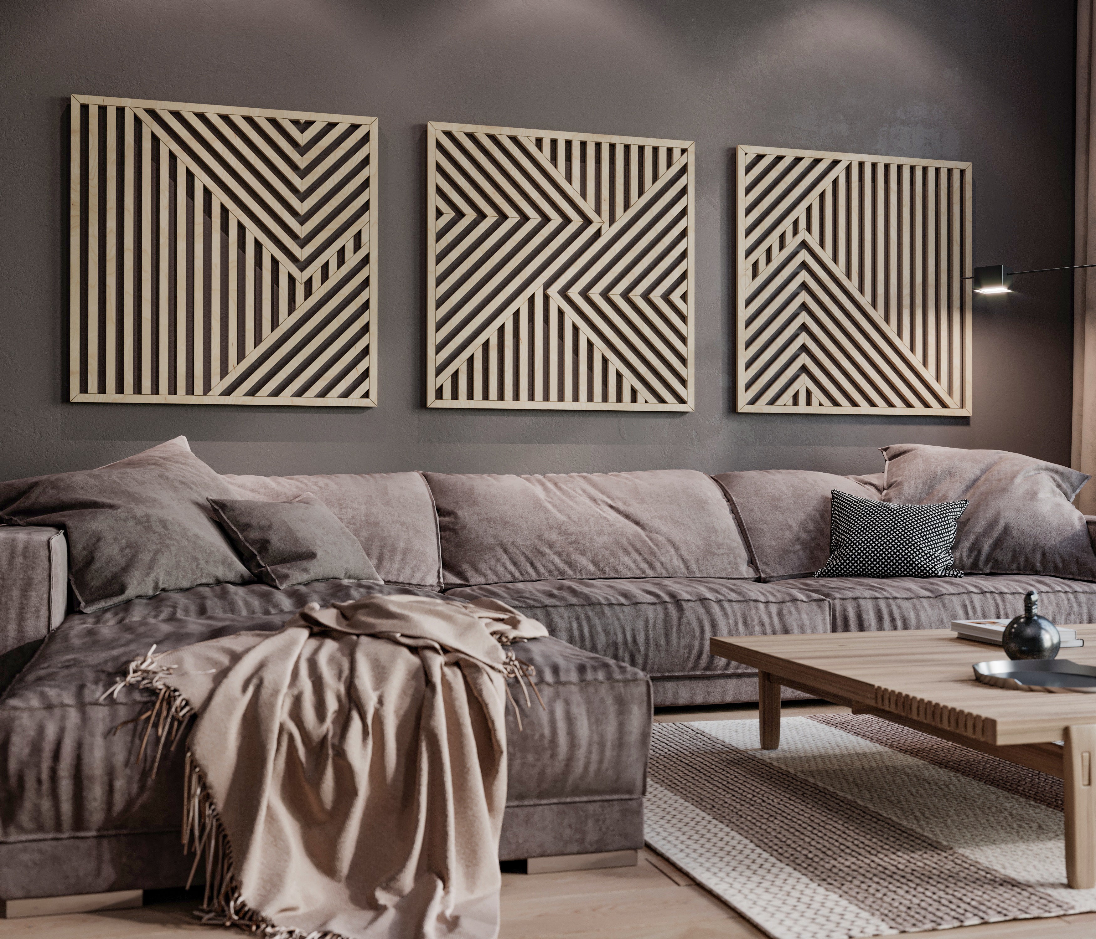 Geometric Maple Wood Wall Art Set of 3 – Abstract Decorative Panels for Living Room, Office & Rustic Interiors, Bold Modern Statement Decor