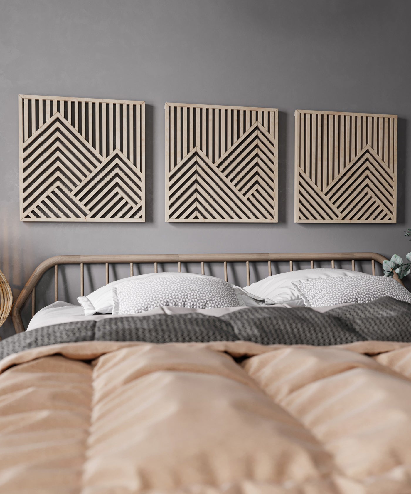 Geometric Maple Mountain Wall Art Set of 3 – Abstract Wooden Panels for Modern & Rustic Spaces, Ideal for Living Room or Office Decor