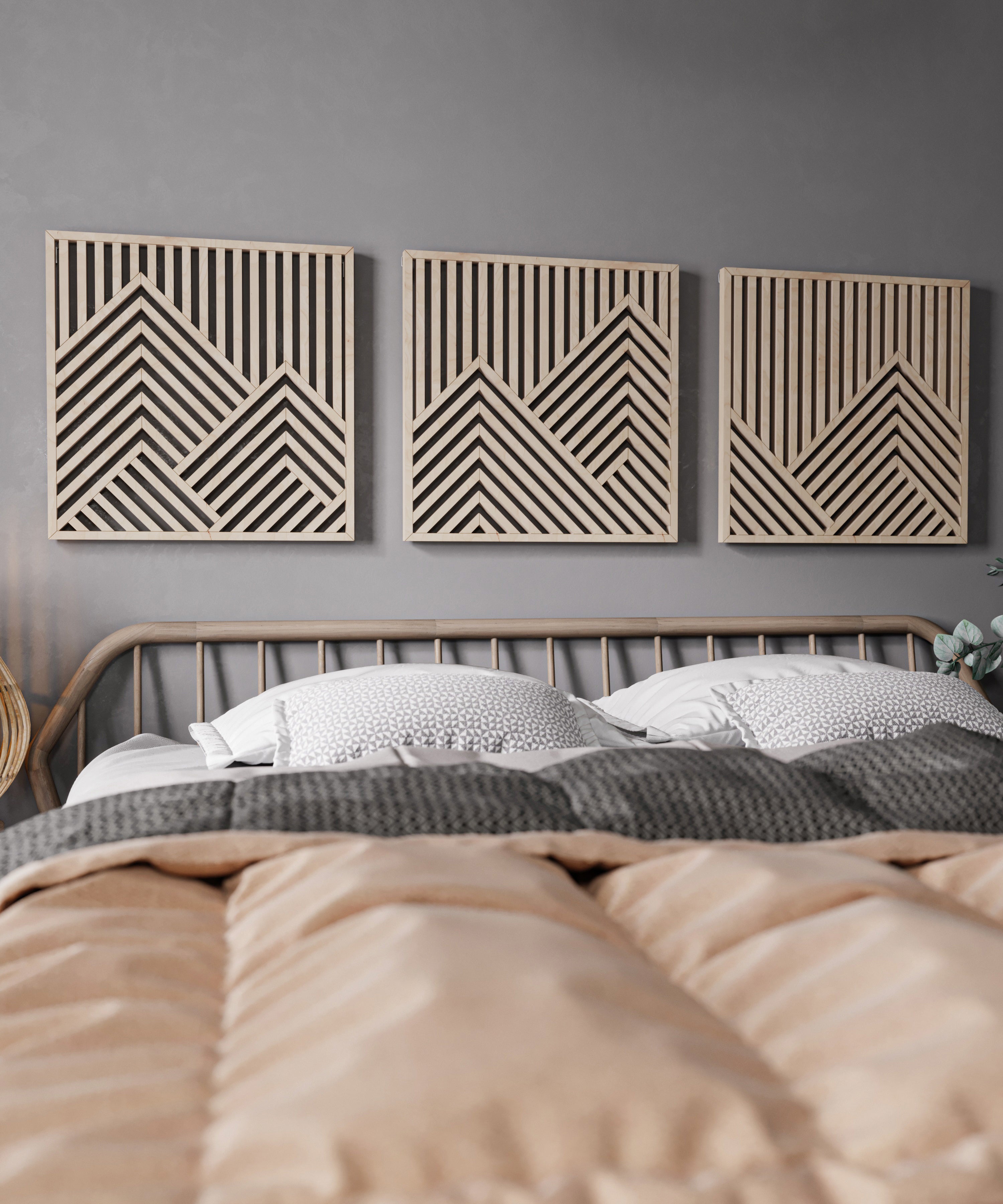 Geometric Maple Mountain Wall Art Set of 3 – Abstract Wooden Panels for Modern & Rustic Spaces, Ideal for Living Room or Office Decor