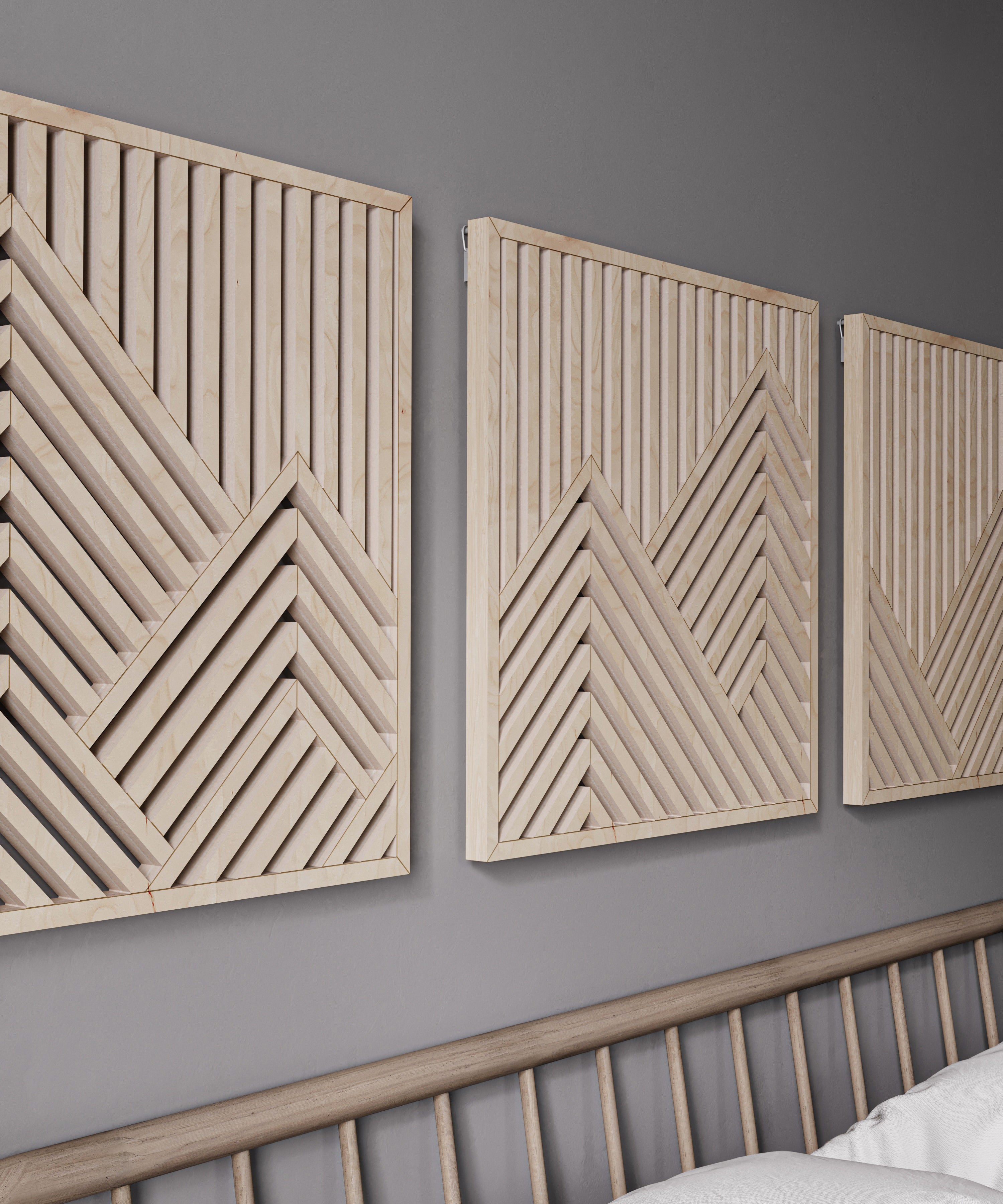 Geometric Maple Mountain Wall Art Set of 3 – Abstract Wooden Panels for Modern & Rustic Spaces, Ideal for Living Room or Office Decor