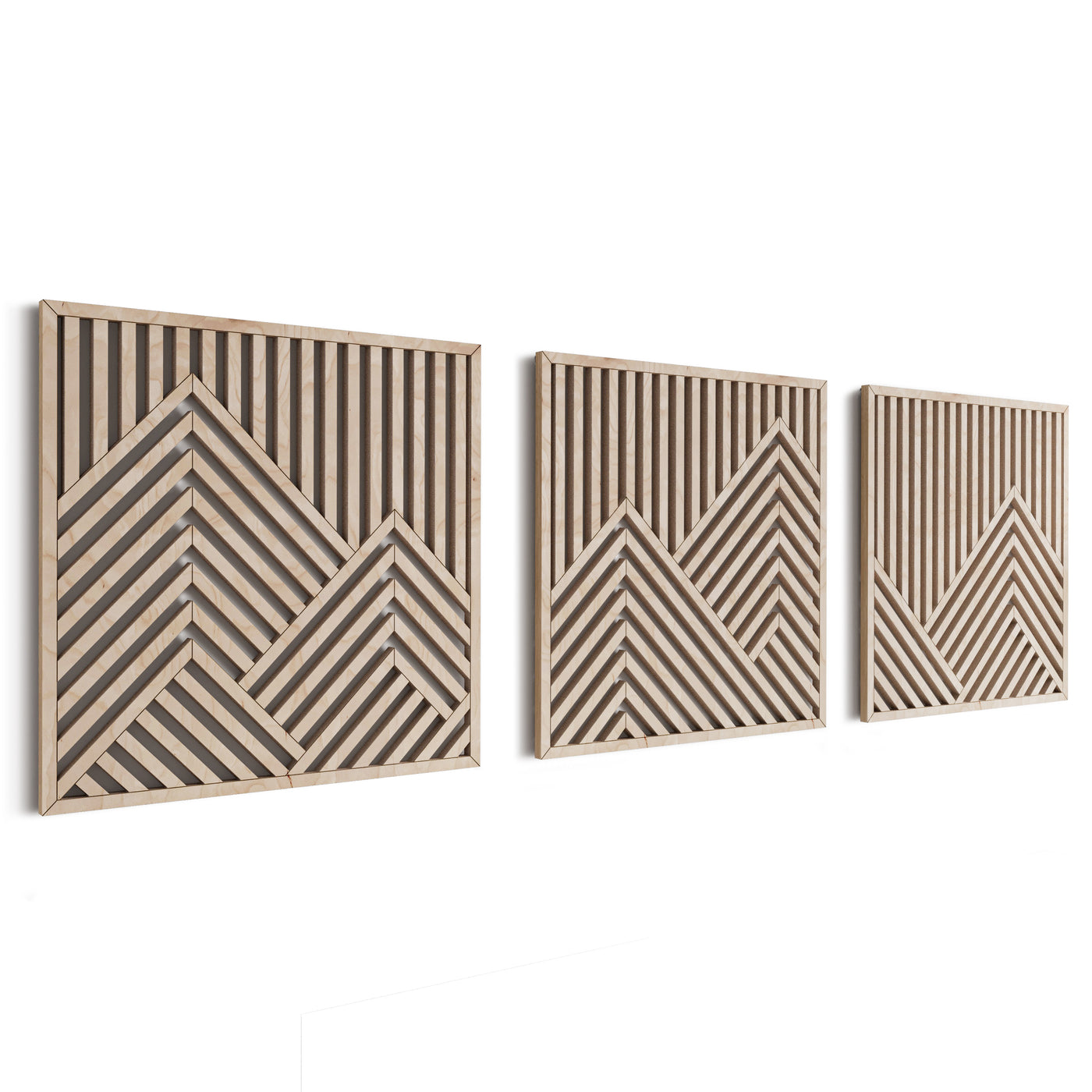Geometric Maple Mountain Wall Art Set of 3 – Abstract Wooden Panels for Modern & Rustic Spaces, Ideal for Living Room or Office Decor