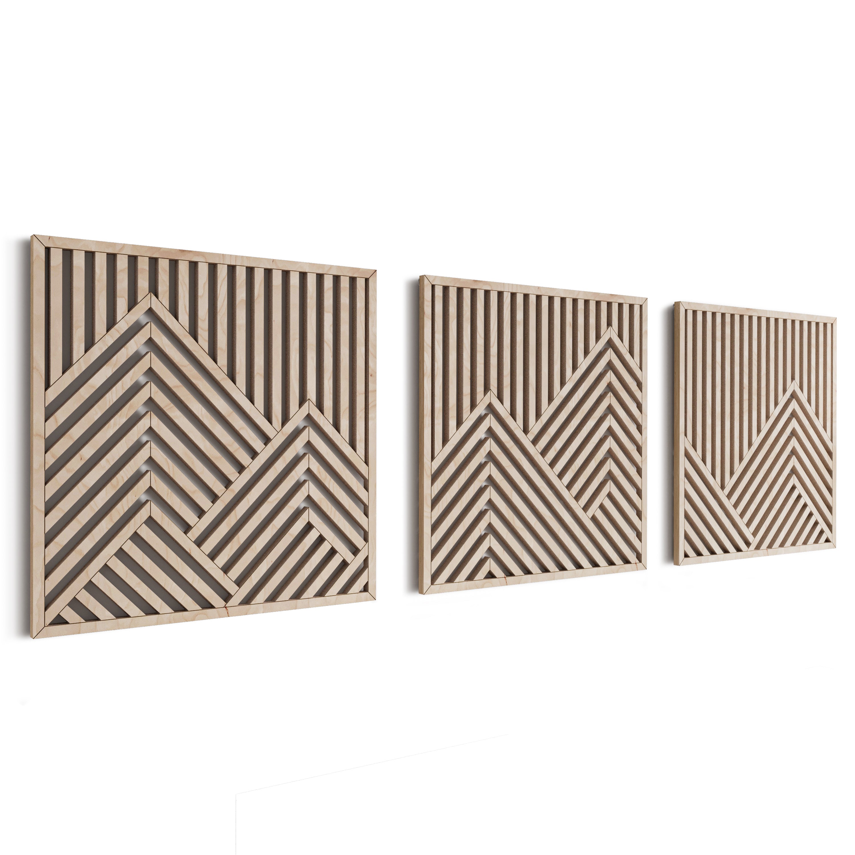 Geometric Maple Mountain Wall Art Set of 3 – Abstract Wooden Panels for Modern & Rustic Spaces, Ideal for Living Room or Office Decor
