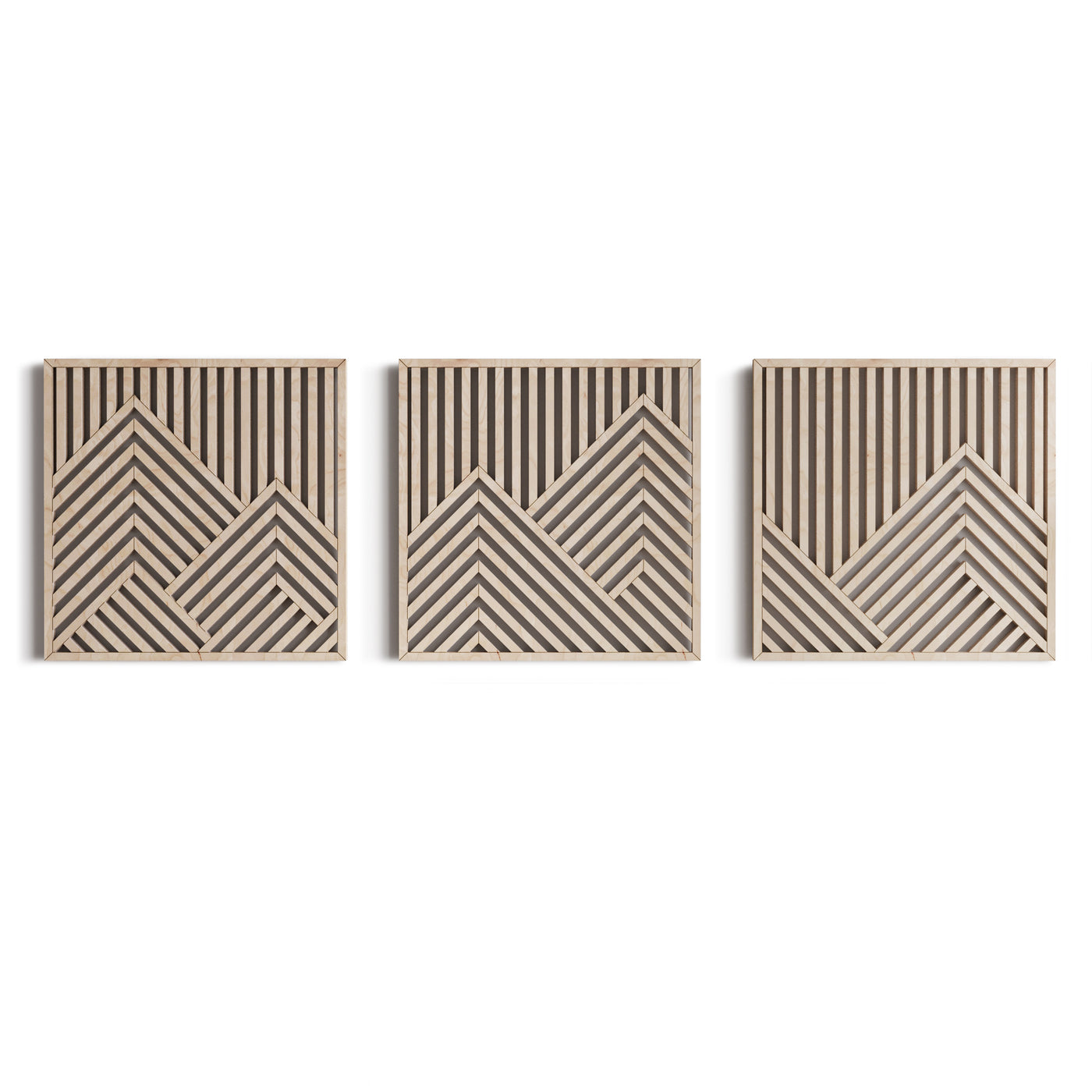 Geometric Maple Mountain Wall Art Set of 3 – Abstract Wooden Panels for Modern & Rustic Spaces, Ideal for Living Room or Office Decor