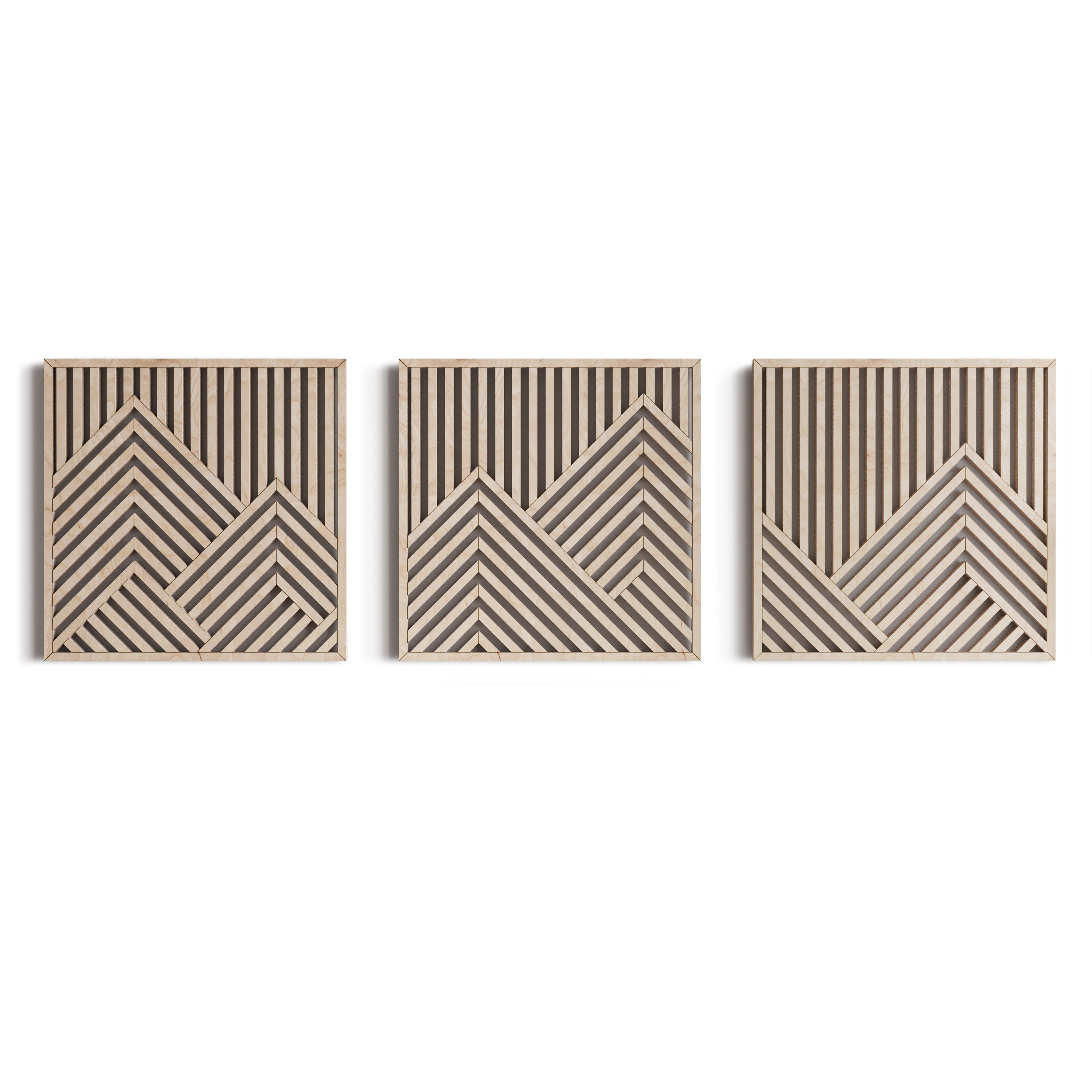 Geometric Maple Mountain Wall Art Set of 3 – Abstract Wooden Panels for Modern & Rustic Spaces, Ideal for Living Room or Office Decor